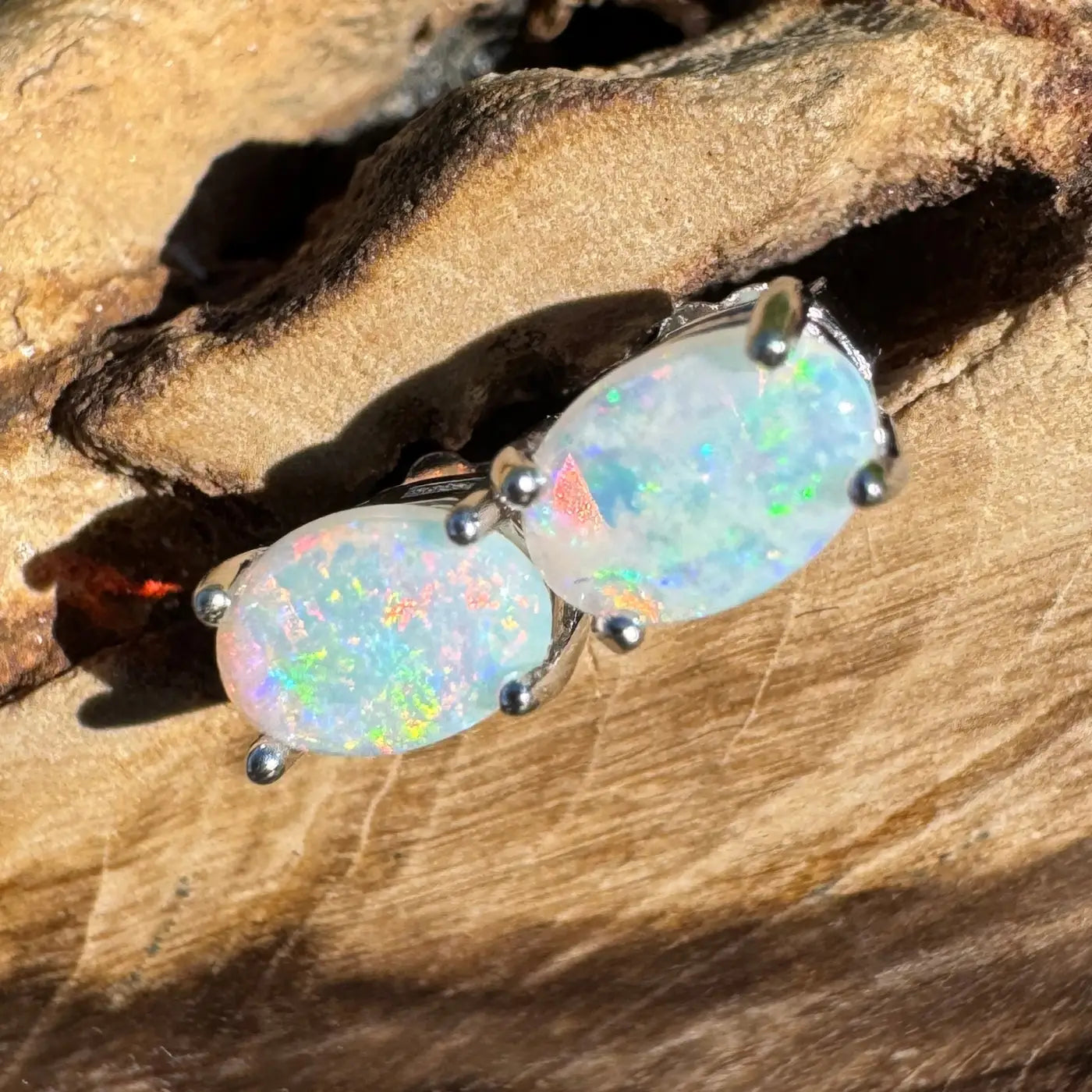 Handcrafted Kimberley Blaze Lightning Ridge Opal stud earrings featuring 1-carat solid opals