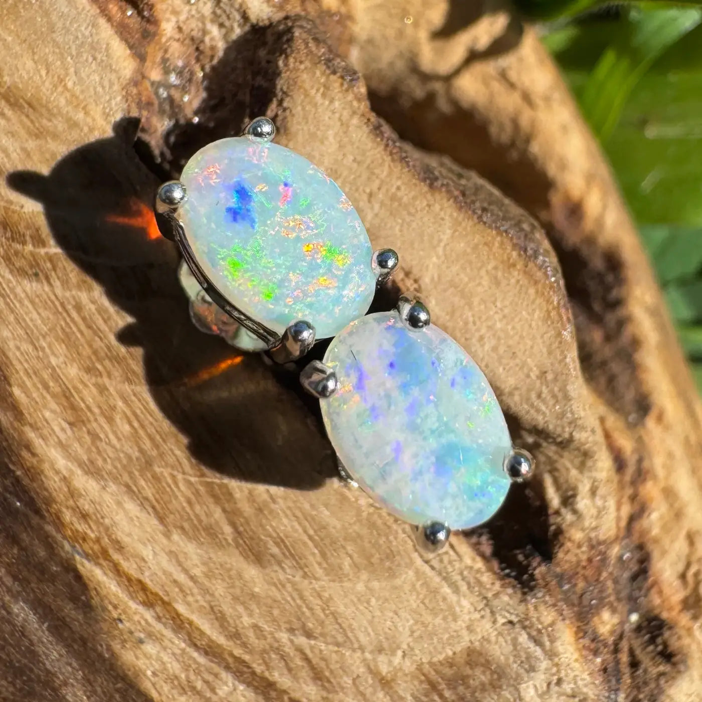 Handcrafted Kimberley Blaze Lightning Ridge Opal stud earrings showcasing 1-carat solid opals
