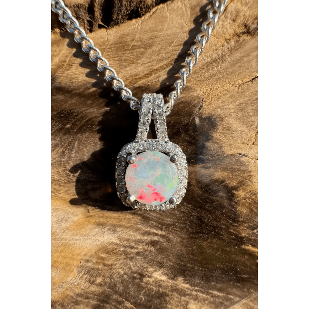 'Kimberley Glow' ~ Handcrafted 1.0ct Solid Lightning Ridge Opal and Cubic Zirconia 925 Sterling Silver Pendant Necklace
