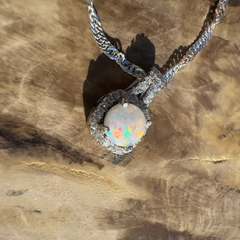 'Kimberley Glow' ~ Handcrafted 1.0ct Solid Lightning Ridge Opal and Cubic Zirconia 925 Sterling Silver Pendant Necklace