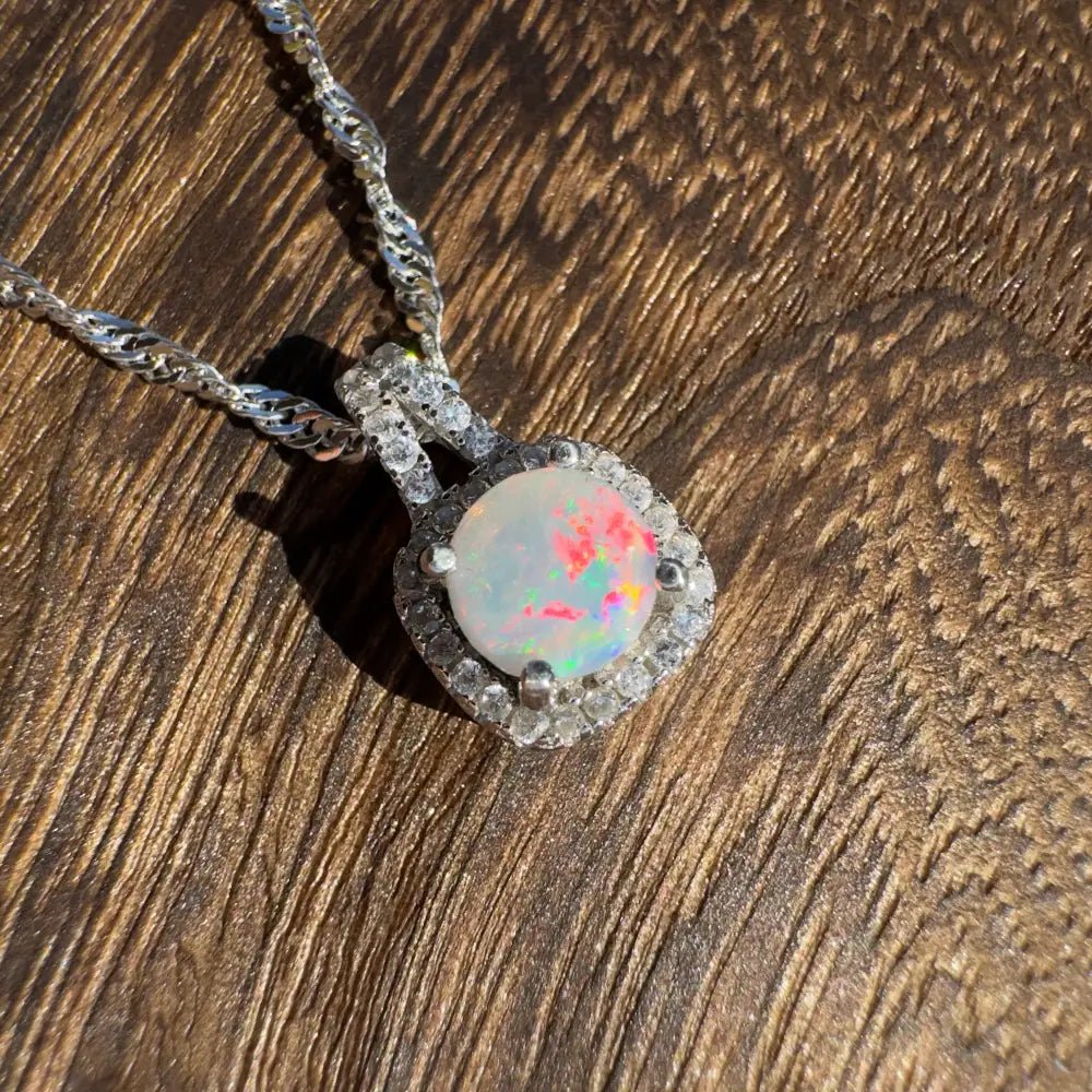 'Kimberley Glow' ~ Handcrafted 1.0ct Solid Lightning Ridge Opal and Cubic Zirconia 925 Sterling Silver Pendant Necklace