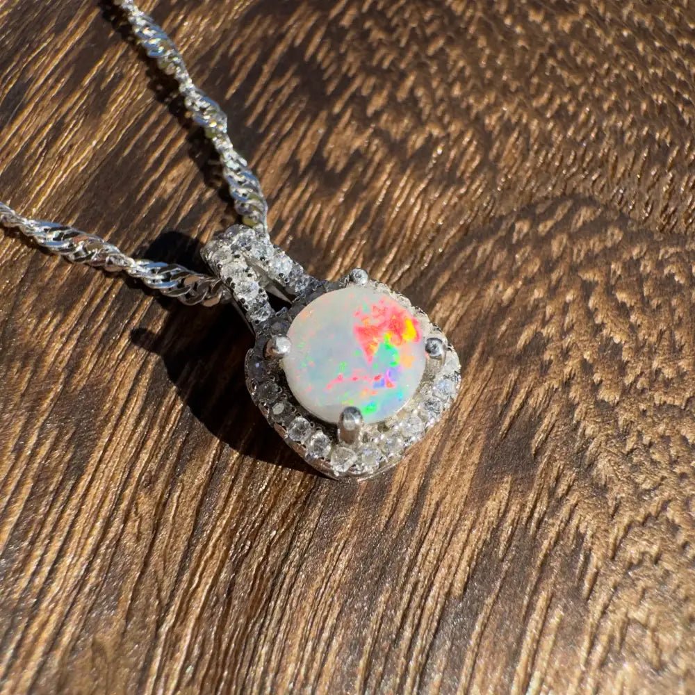 'Kimberley Glow' ~ Handcrafted 1.0ct Solid Lightning Ridge Opal and Cubic Zirconia 925 Sterling Silver Pendant Necklace