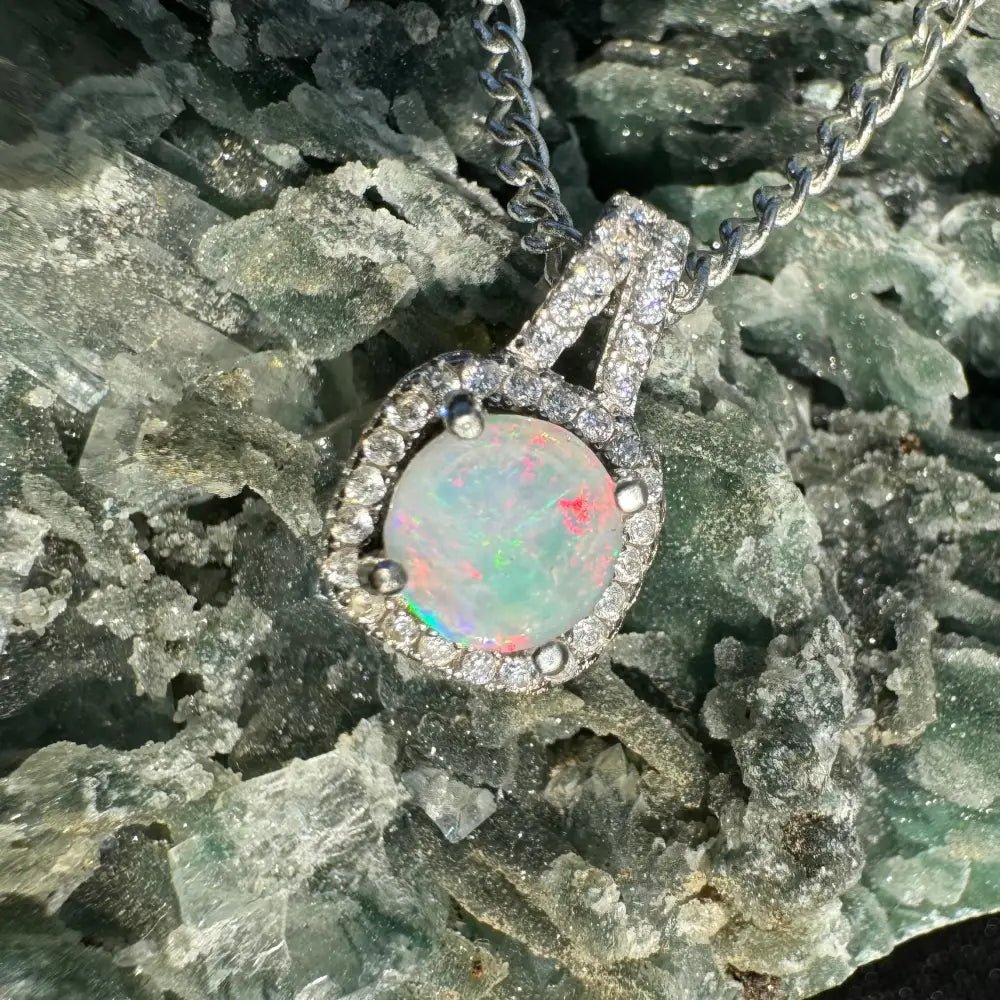'Kimberley Glow' ~ Handcrafted 1.0ct Solid Lightning Ridge Opal and Cubic Zirconia 925 Sterling Silver Pendant Necklace