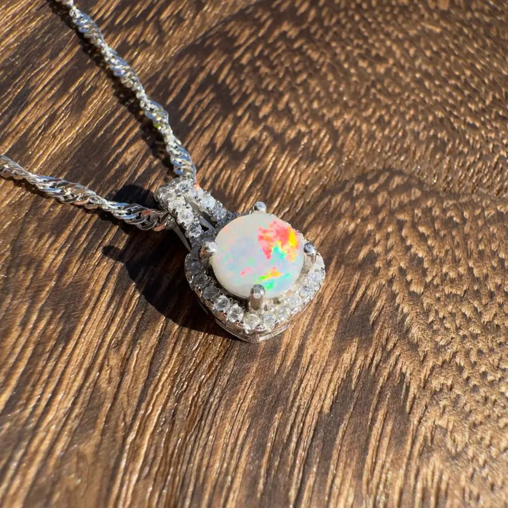 'Kimberley Glow' ~ Handcrafted 1.0ct Solid Lightning Ridge Opal and Cubic Zirconia 925 Sterling Silver Pendant Necklace
