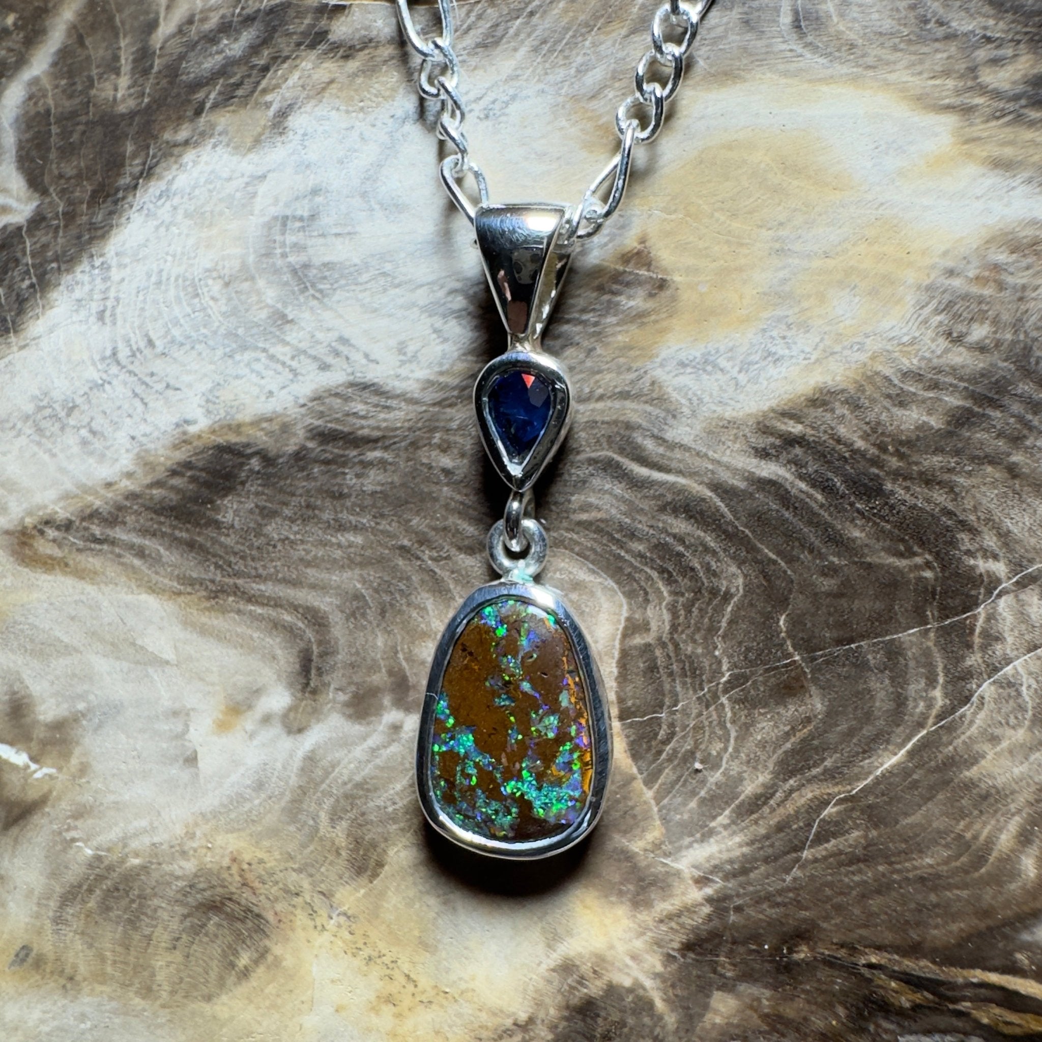 Kings Canyon Kaleidoscope ~ 3.3ct Queensland Boulder Opal and 0.51ct Queensland Sapphire 925 Sterling Silver Pendant Necklace