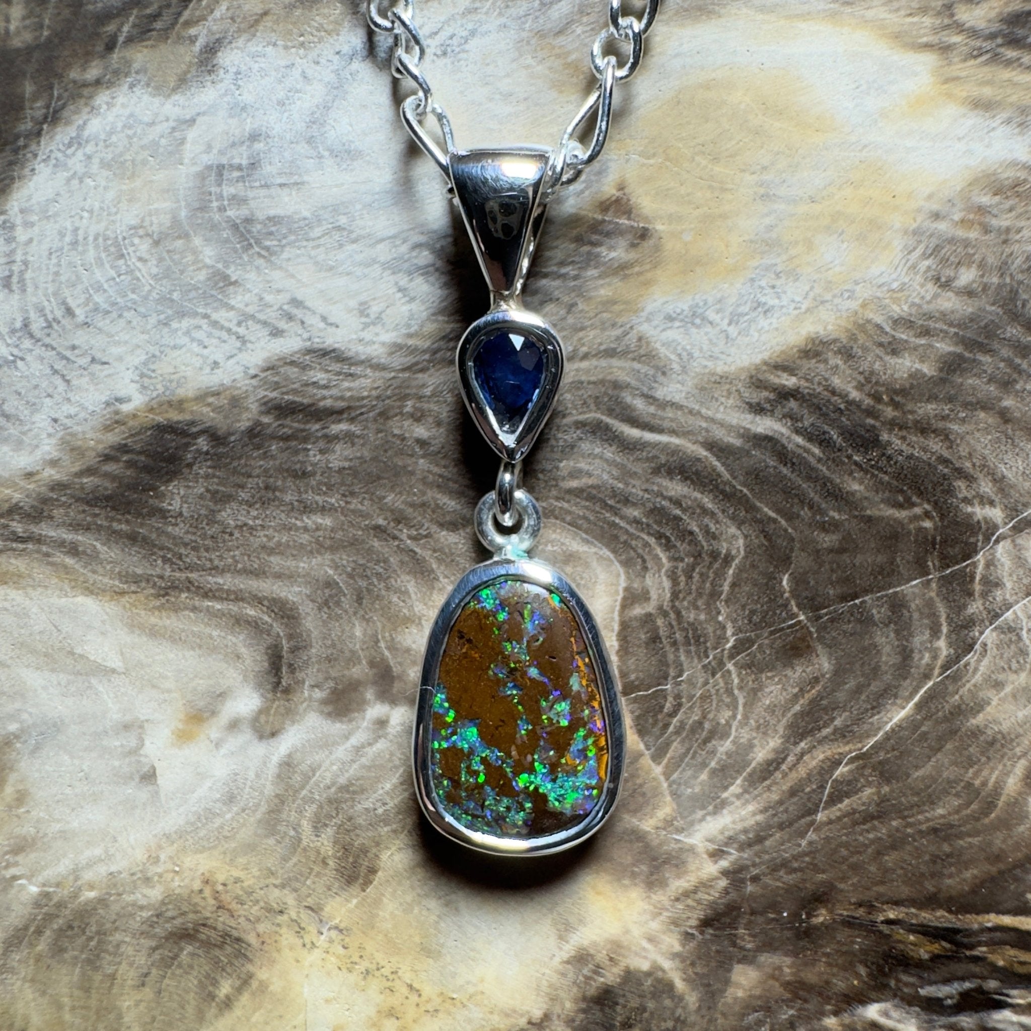 Kings Canyon Kaleidoscope ~ 3.3ct Queensland Boulder Opal and 0.51ct Queensland Sapphire 925 Sterling Silver Pendant Necklace