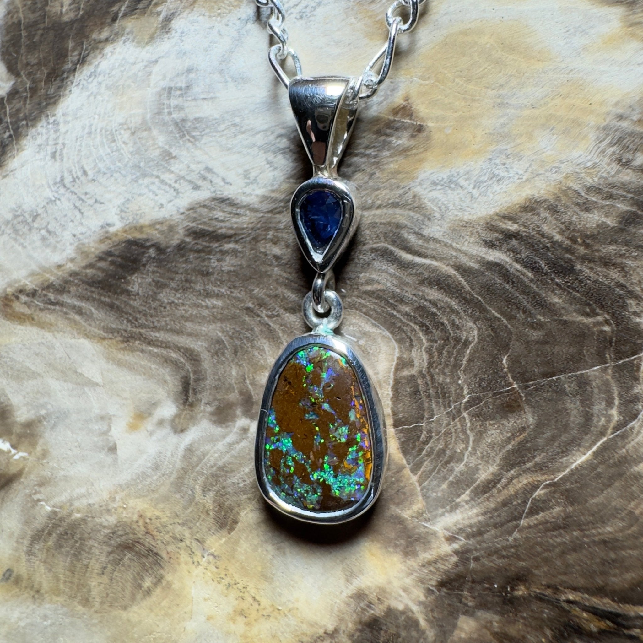 Kings Canyon Kaleidoscope ~ 3.3ct Queensland Boulder Opal and 0.51ct Queensland Sapphire 925 Sterling Silver Pendant Necklace