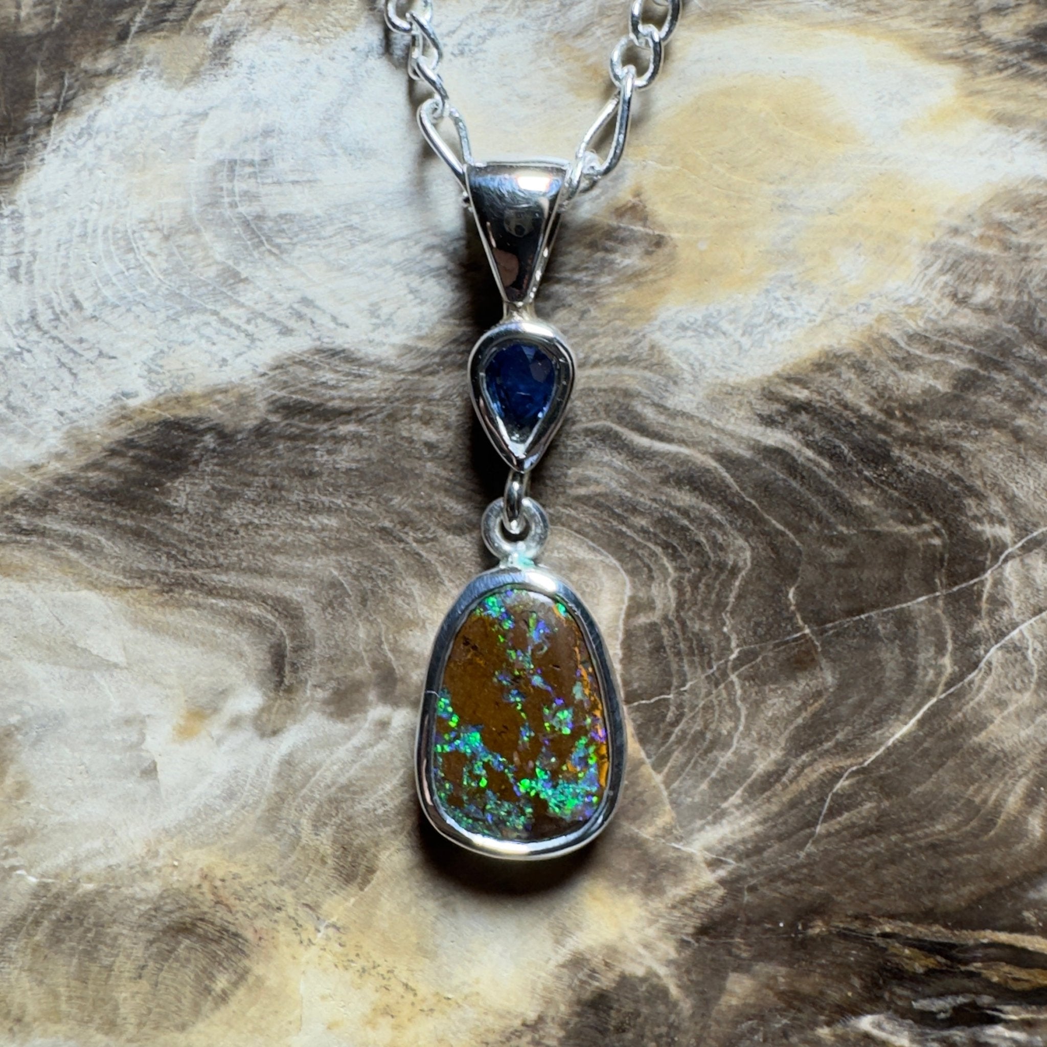 Kings Canyon Kaleidoscope ~ 3.3ct Queensland Boulder Opal and 0.51ct Queensland Sapphire 925 Sterling Silver Pendant Necklace