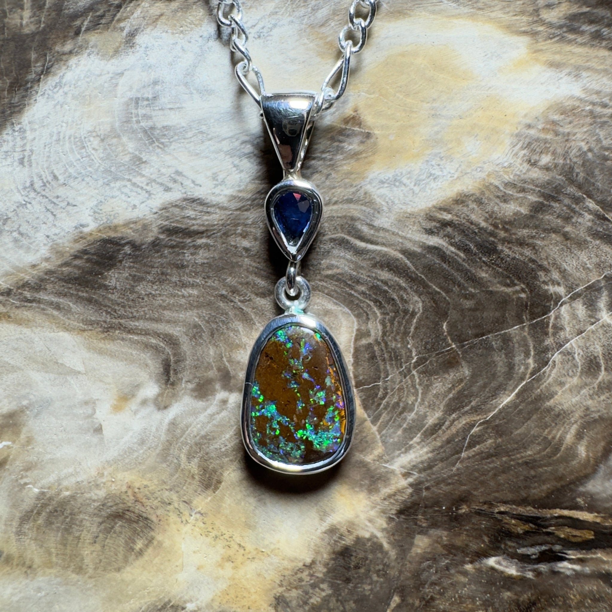 Kings Canyon Kaleidoscope ~ 3.3ct Queensland Boulder Opal and 0.51ct Queensland Sapphire 925 Sterling Silver Pendant Necklace