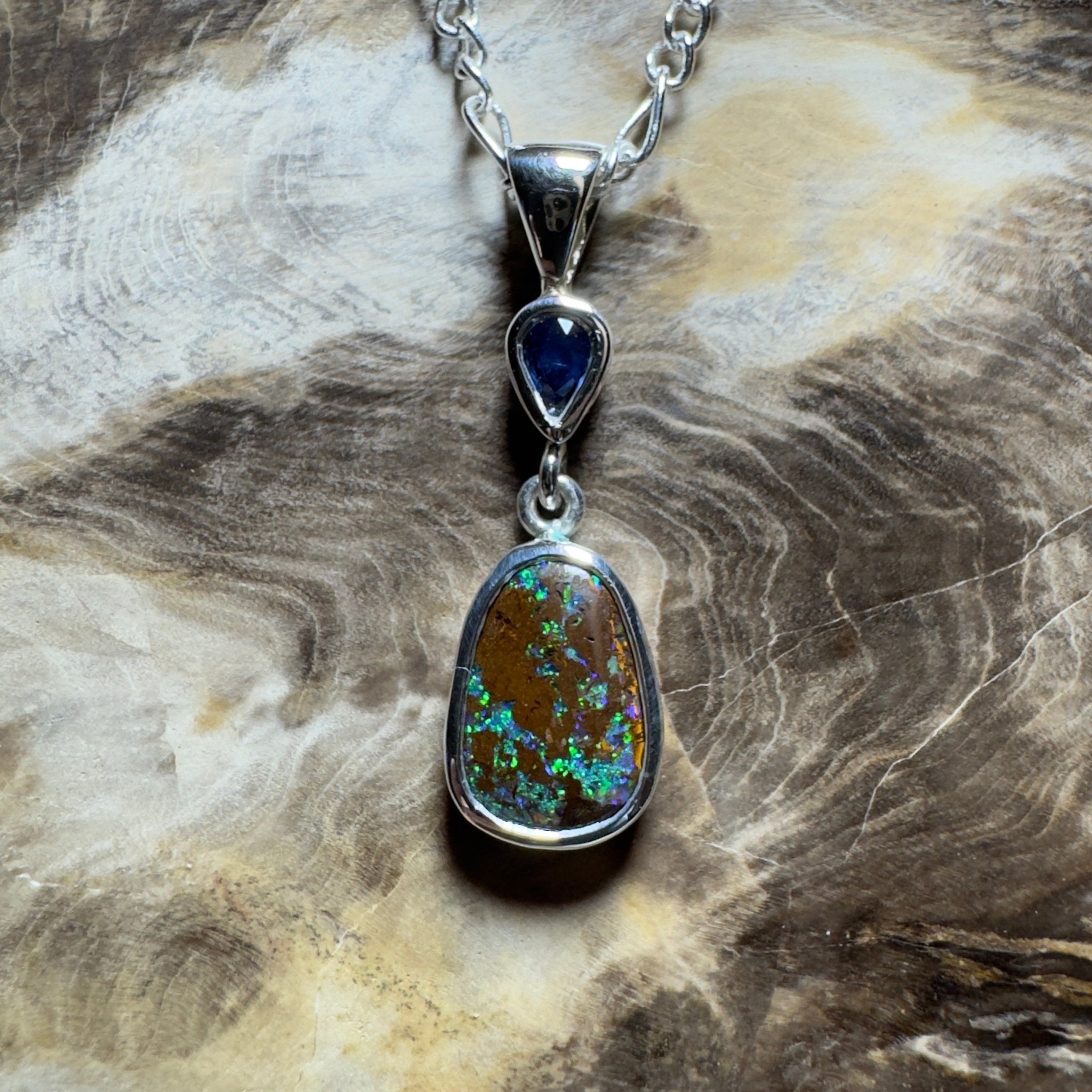 Kings Canyon Kaleidoscope ~ 3.3ct Queensland Boulder Opal and 0.51ct Queensland Sapphire 925 Sterling Silver Pendant Necklace