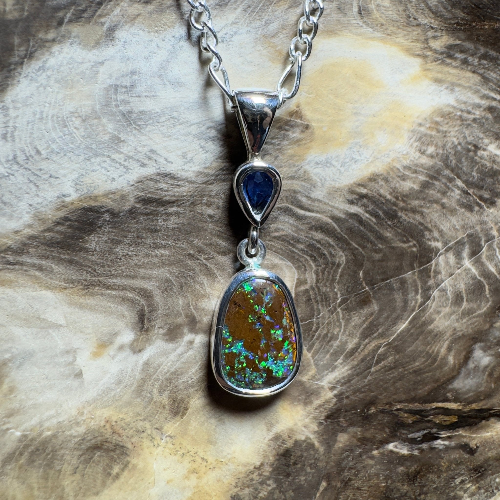 Kings Canyon Kaleidoscope ~ 3.3ct Queensland Boulder Opal and 0.51ct Queensland Sapphire 925 Sterling Silver Pendant Necklace