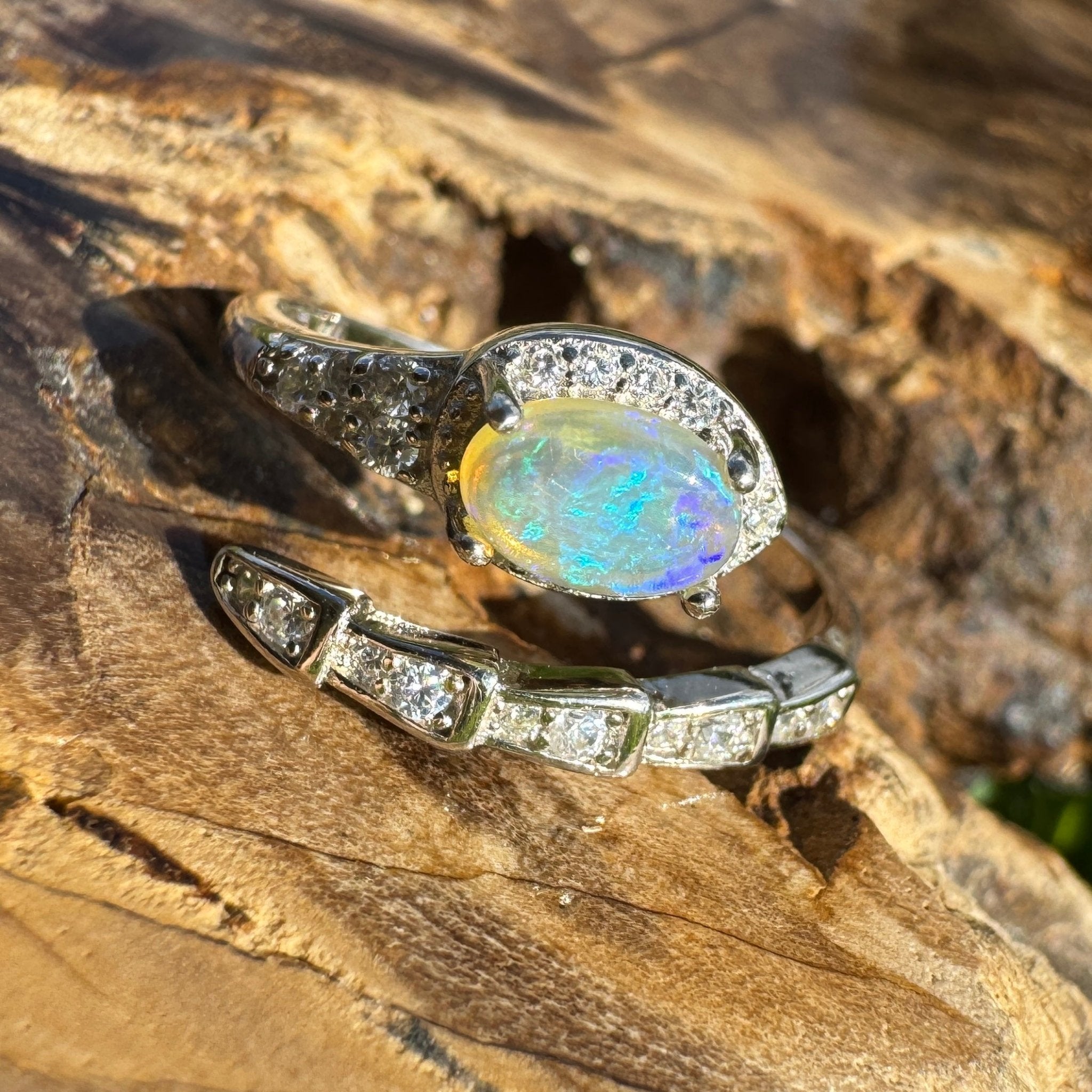 ‘Lagoon Blues' ~ Handcrafted 0.5ct Solid Lightning Ridge Opal and Cubic Zirconia Sterling Silver Ring