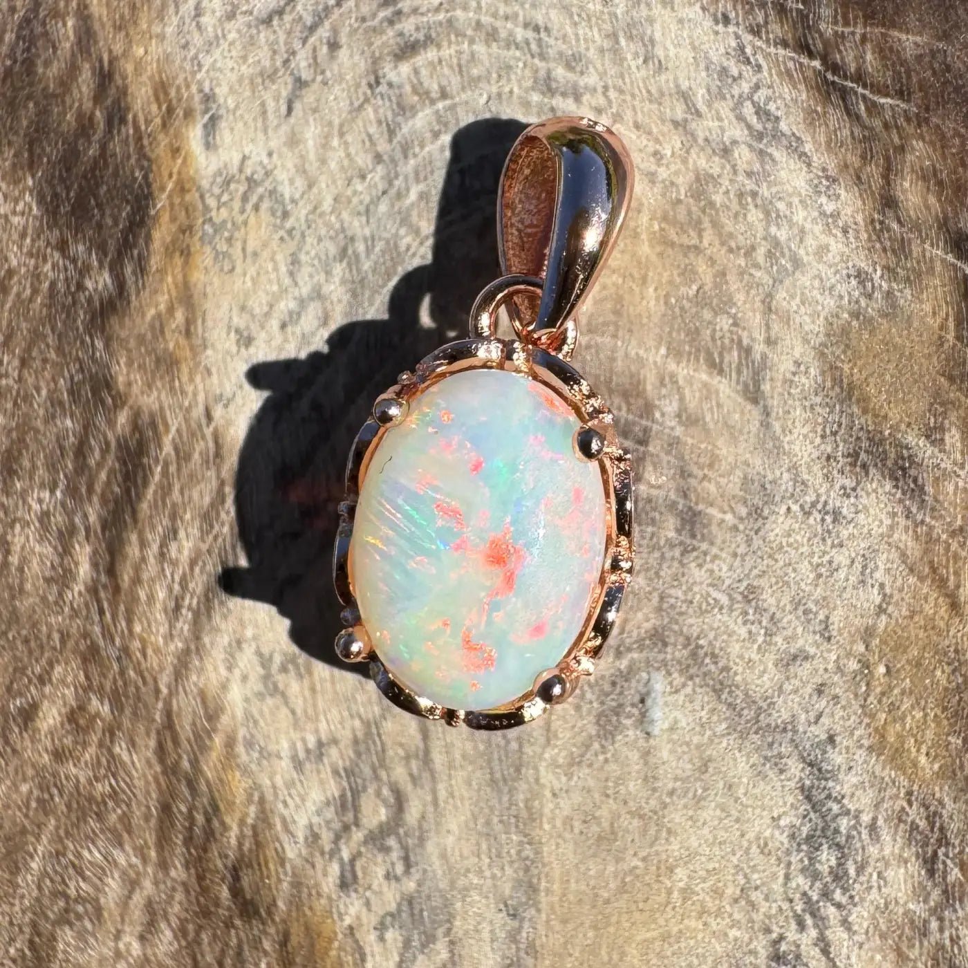 'Larapinta Flame' ~ Handcrafted 0.8ct Solid Coober Pedy Opal Rose Gold Coated 925 Sterling Silver Pendant