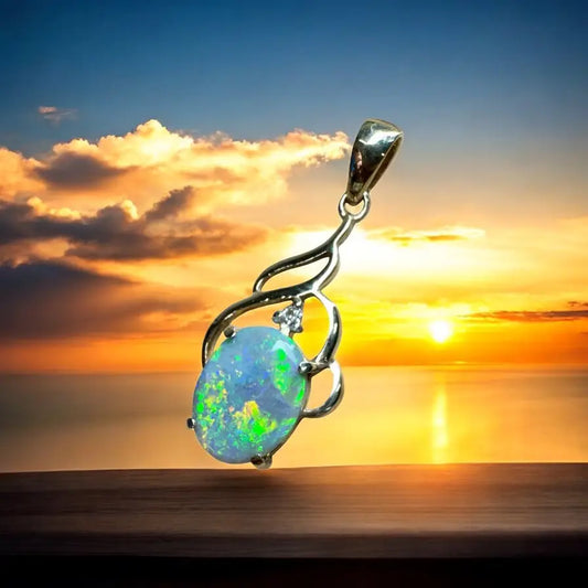 Opal pendant with silver setting from Lightning Gold handcrafted 2.6ct Lightning Ridge Opal and diamonds