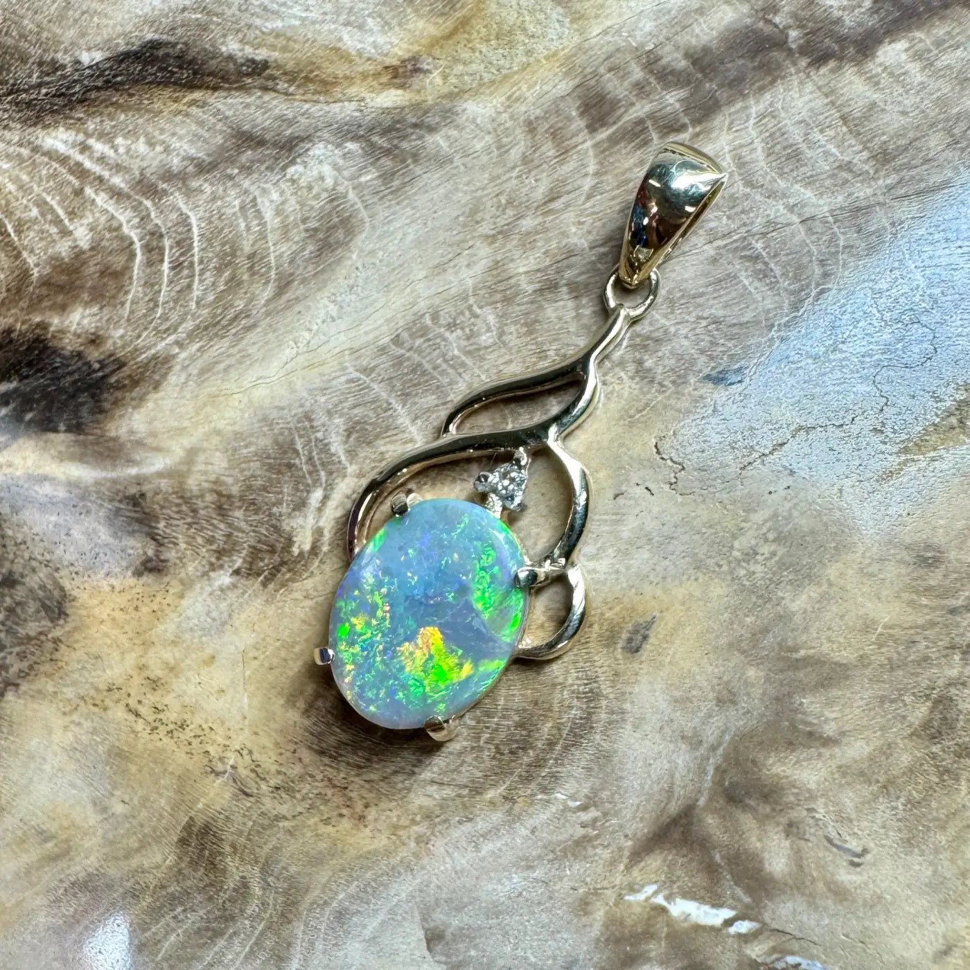 ‘Lightning Gold' ~ Handcrafted 2.6ct Solid Lightning Ridge Semi Black Opal and Natural Diamond 9ct Australian Gold Pendant