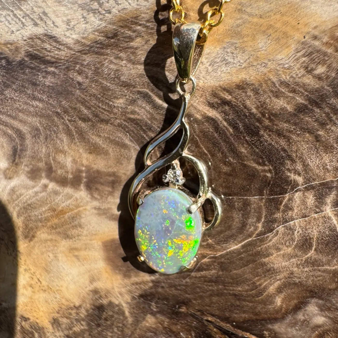 ‘Lightning Gold' ~ Handcrafted 2.6ct Solid Lightning Ridge Semi Black Opal and Natural Diamond 9ct Australian Gold Pendant