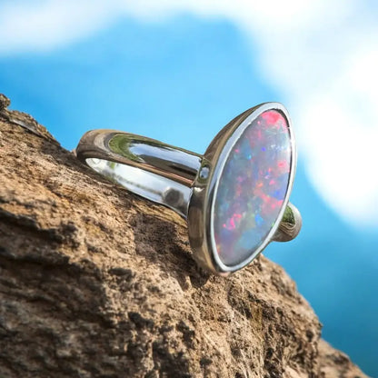 Silver ring featuring a 0.96ct iridescent Lightning Ridge Opal in sterling silver