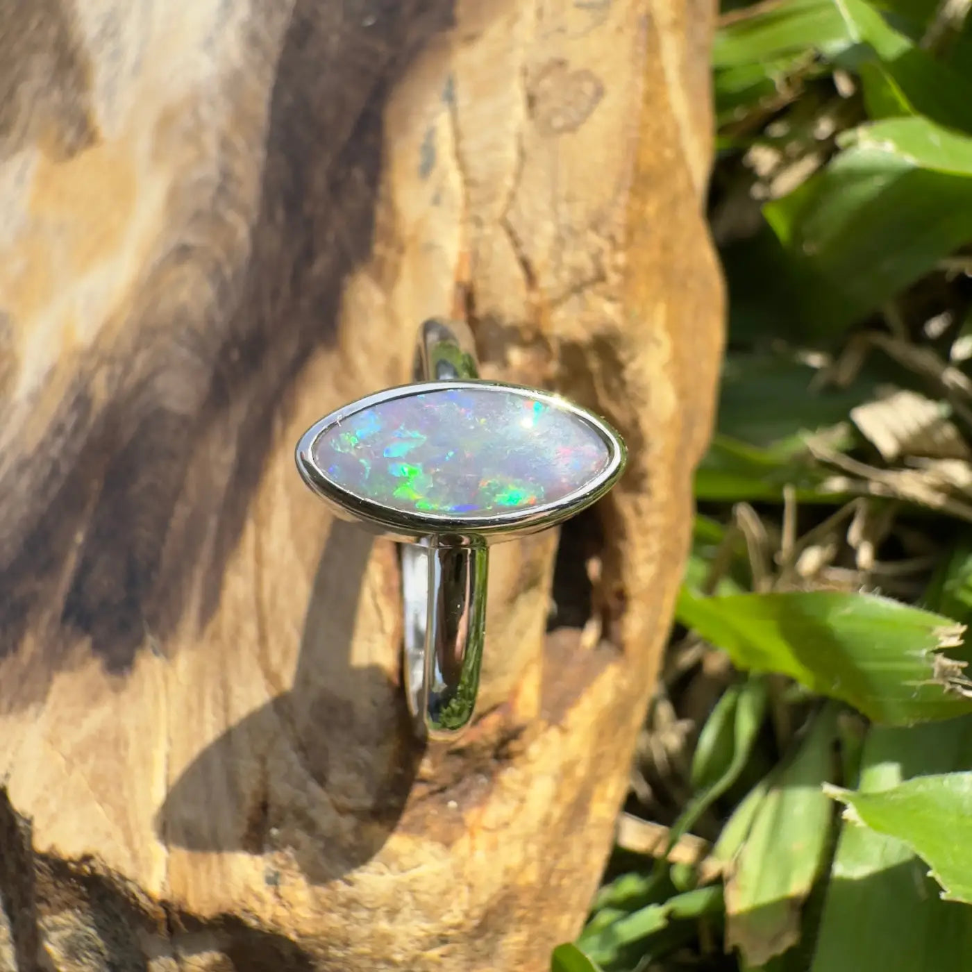 Oval opal ring with silver band from Lightning Loop handcrafted 0.96ct Lightning Ridge Opal ring