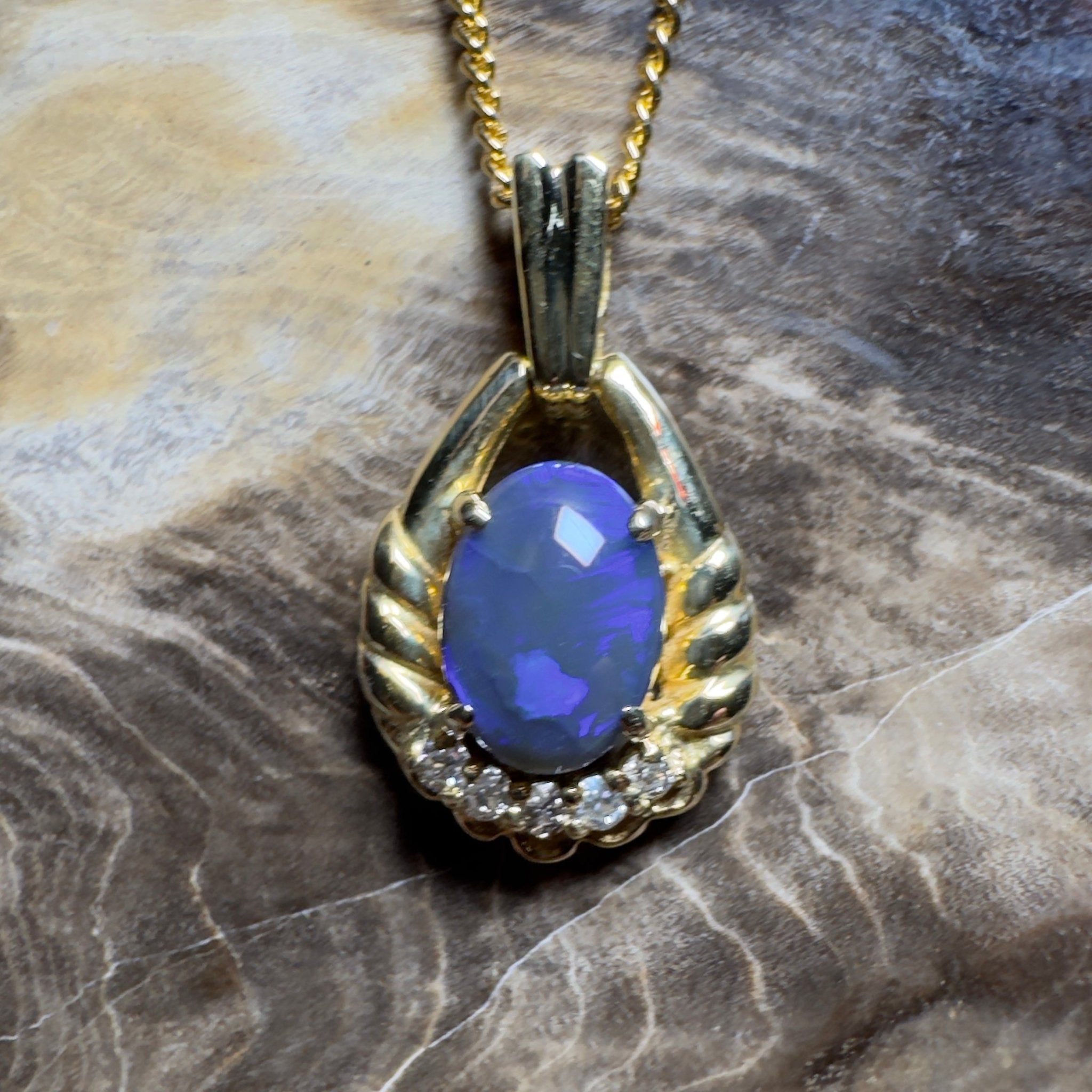 Lightning Ridge Halo ~ 1ct Lightning Ridge Black Opal 18ct Yellow Gold Pendant