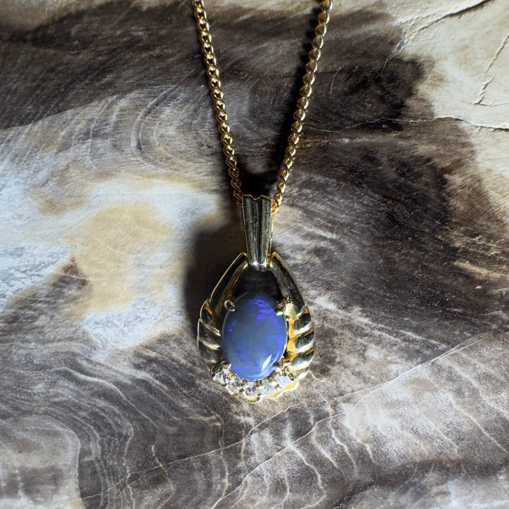 Lightning Ridge Halo ~ 1ct Lightning Ridge Black Opal 18ct Yellow Gold Pendant