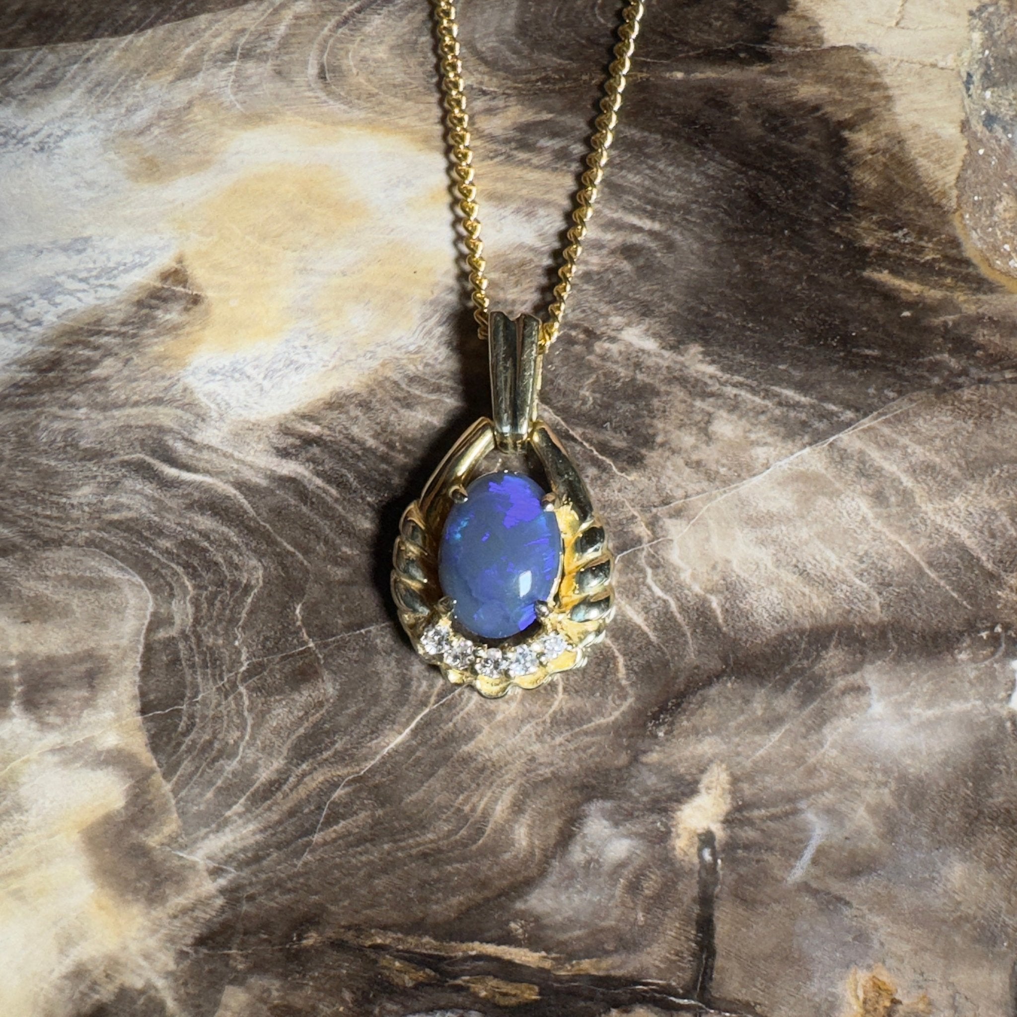 Lightning Ridge Halo ~ 1ct Lightning Ridge Black Opal 18ct Yellow Gold Pendant