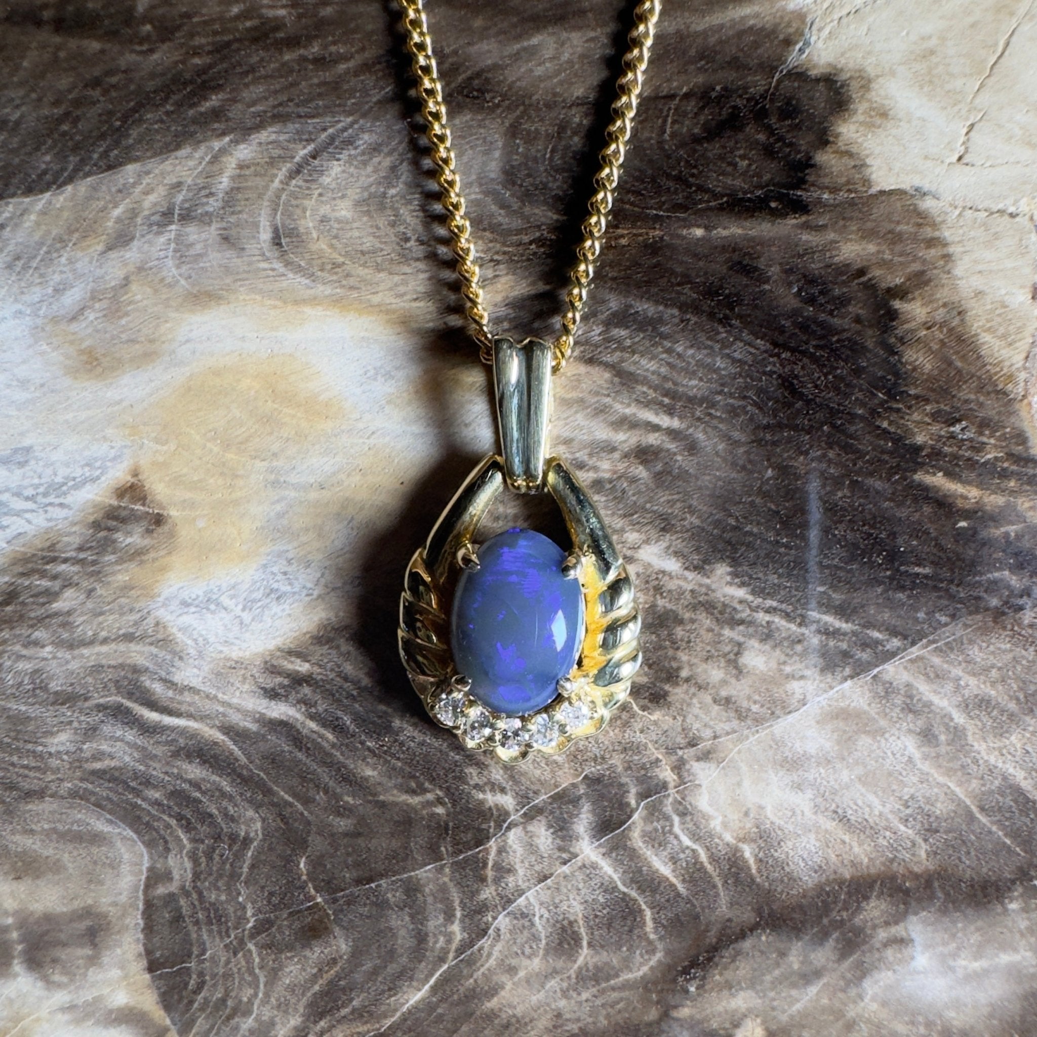 Lightning Ridge Halo ~ 1ct Lightning Ridge Black Opal 18ct Yellow Gold Pendant