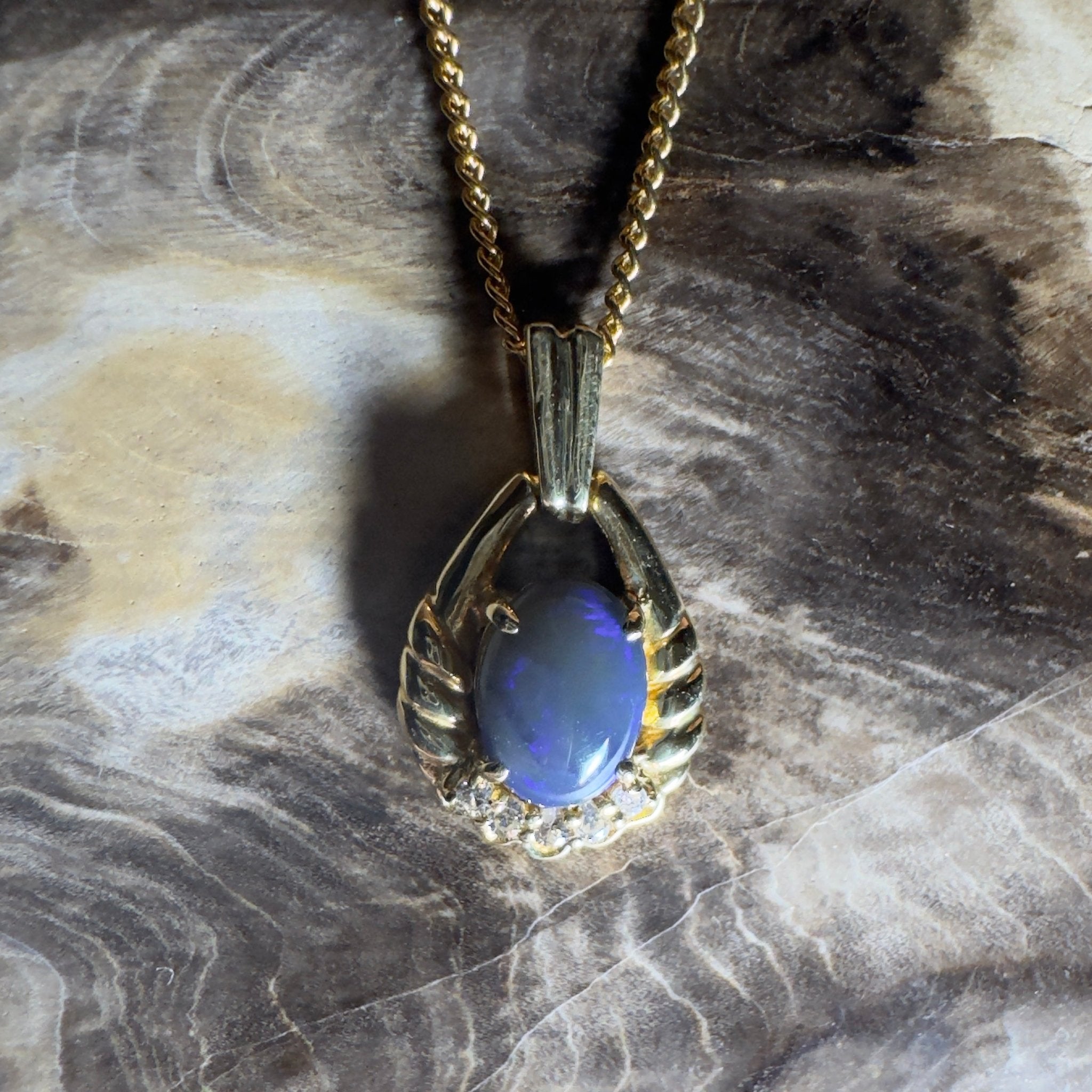 Lightning Ridge Halo ~ 1ct Lightning Ridge Black Opal 18ct Yellow Gold Pendant