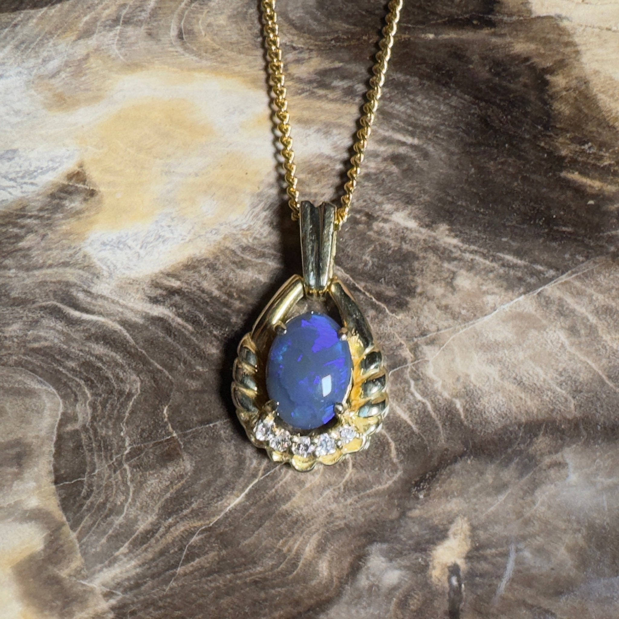 Lightning Ridge Halo ~ 1ct Lightning Ridge Black Opal 18ct Yellow Gold Pendant