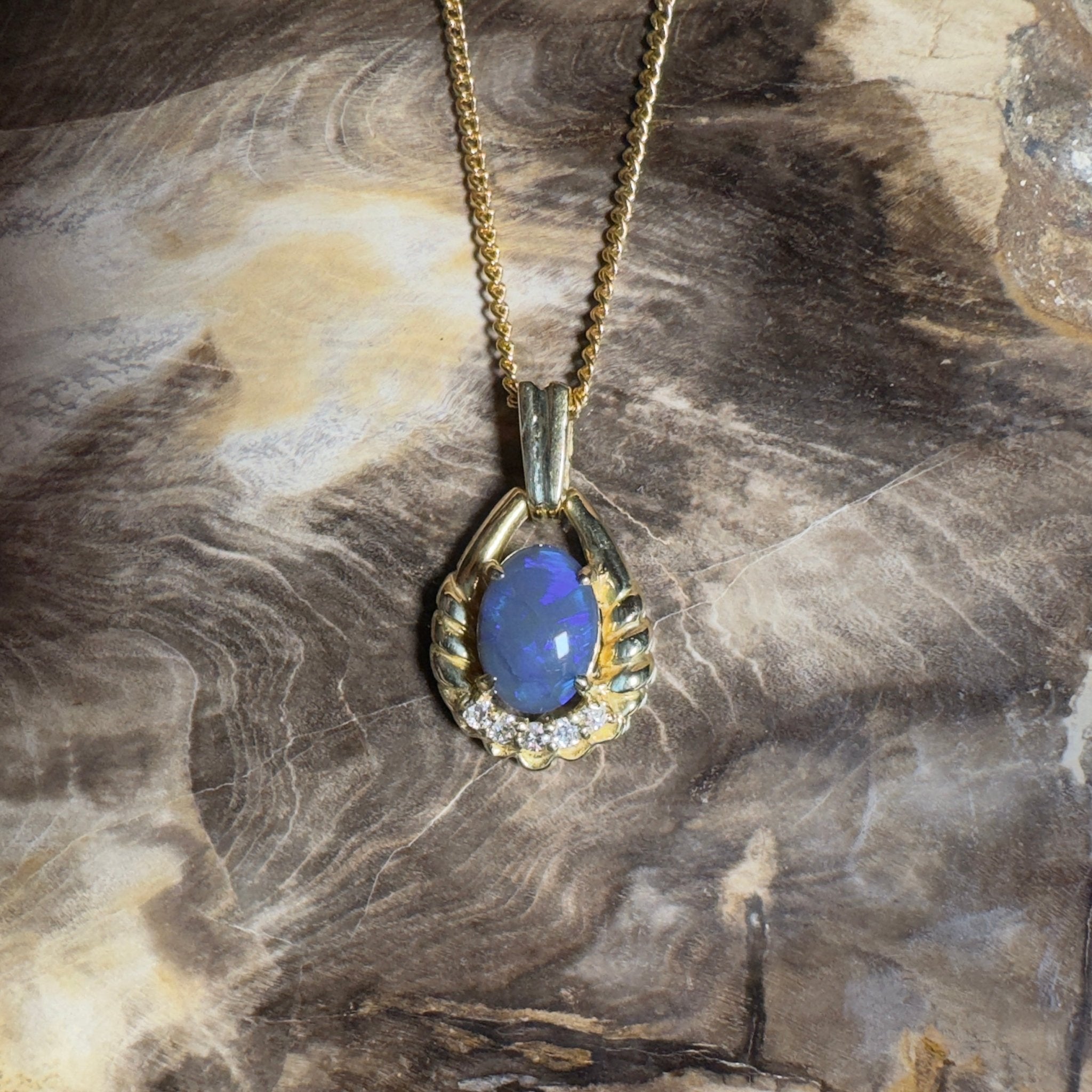 Lightning Ridge Halo ~ 1ct Lightning Ridge Black Opal 18ct Yellow Gold Pendant