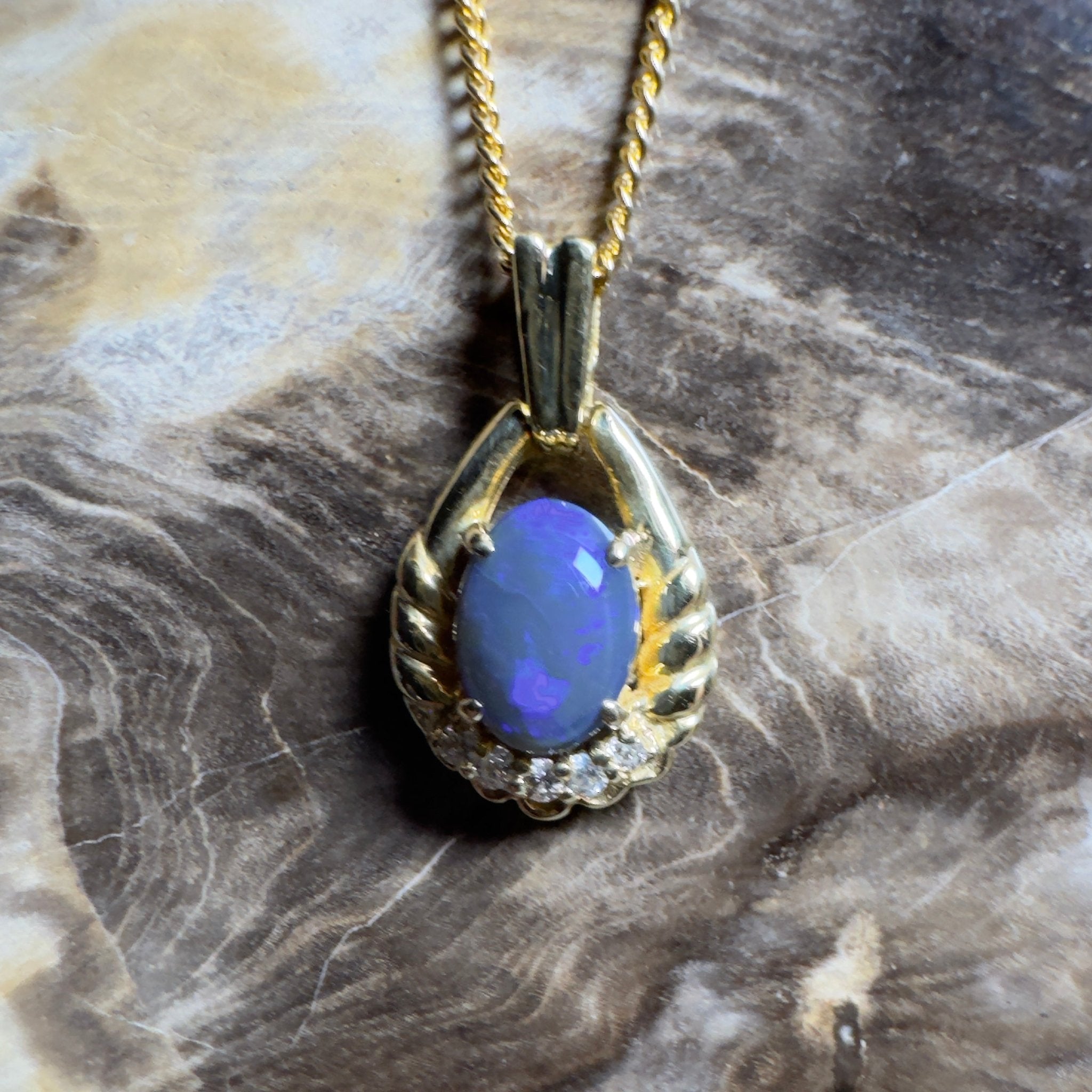 Lightning Ridge Halo ~ 1ct Lightning Ridge Black Opal 18ct Yellow Gold Pendant