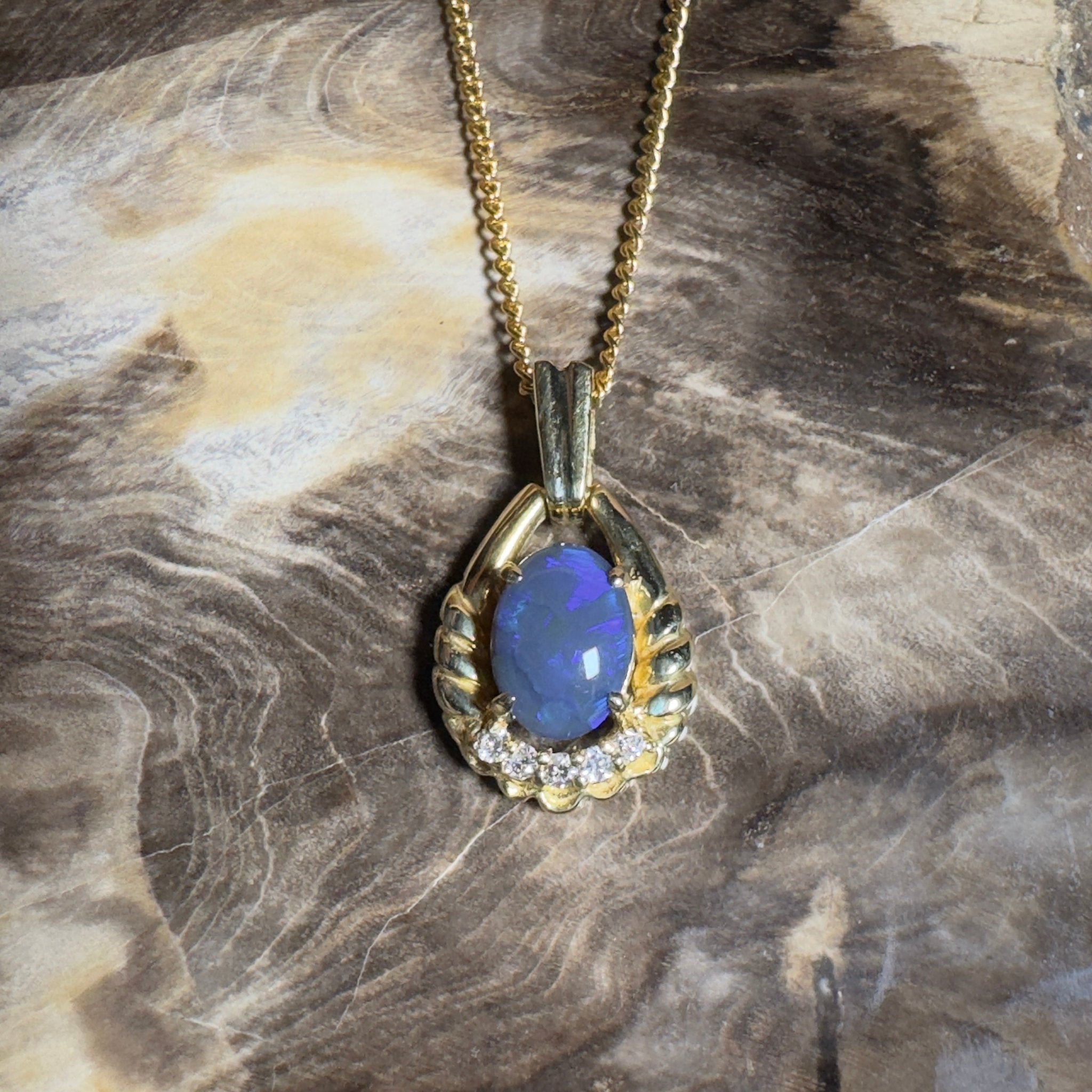 Lightning Ridge Halo ~ 1ct Lightning Ridge Black Opal 18ct Yellow Gold Pendant