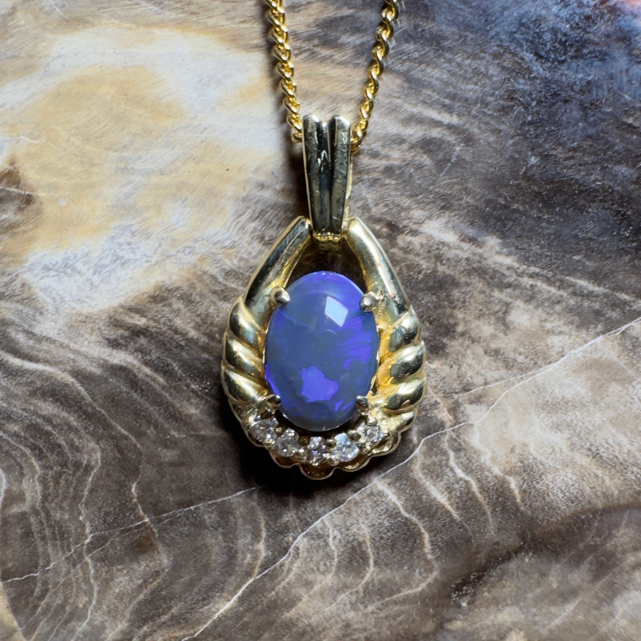 Lightning Ridge Halo ~ 1ct Lightning Ridge Black Opal 18ct Yellow Gold Pendant