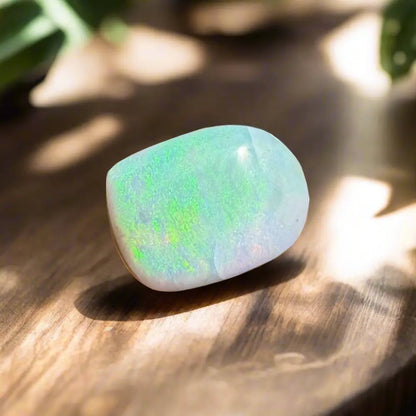Iridescent Lightning Ridge Opal gemstone showing vibrant play of colors in a hand-cut setting