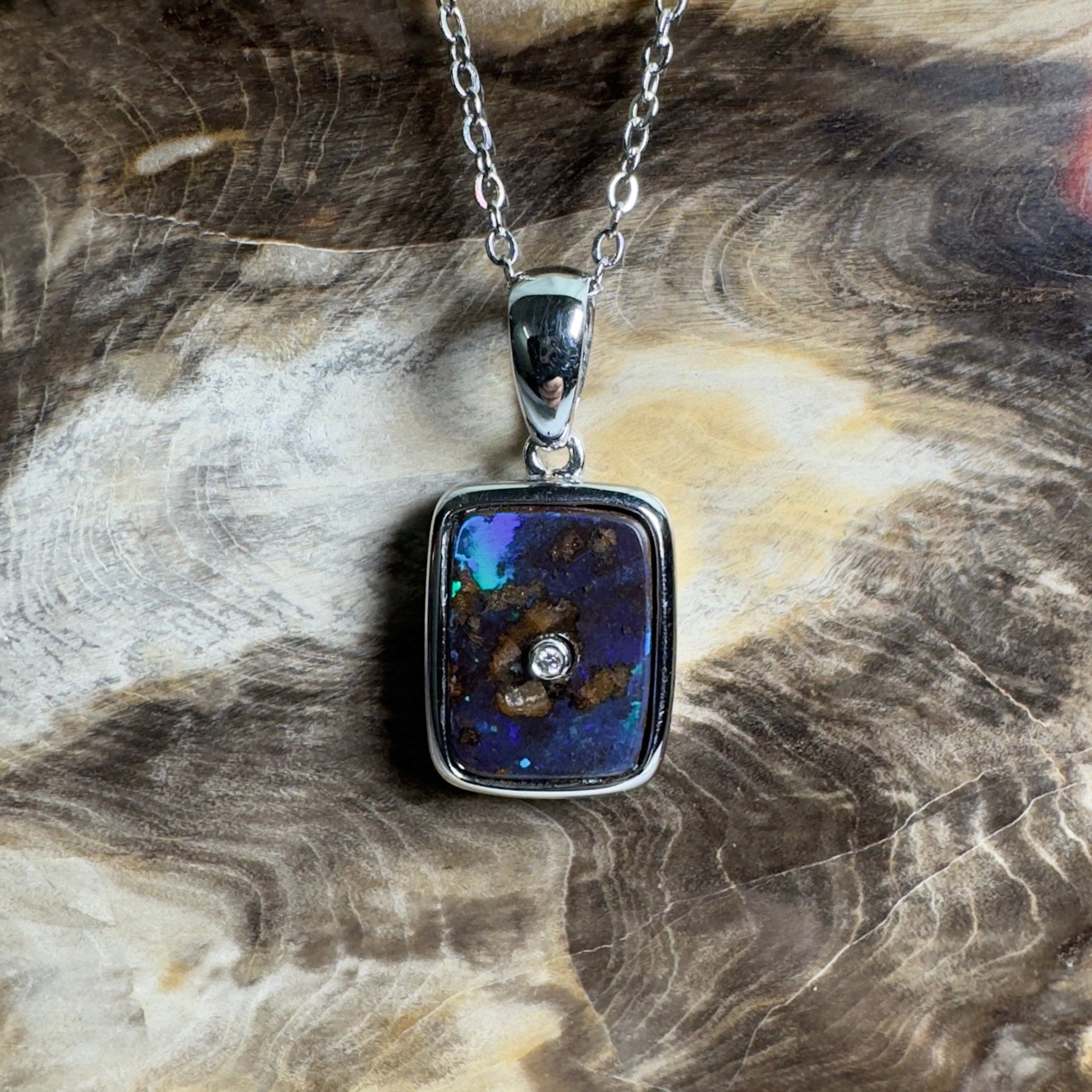 MacDonnell Spectrum ~ Queensland Boulder Opal 925 Sterling Silver Pendant Necklace