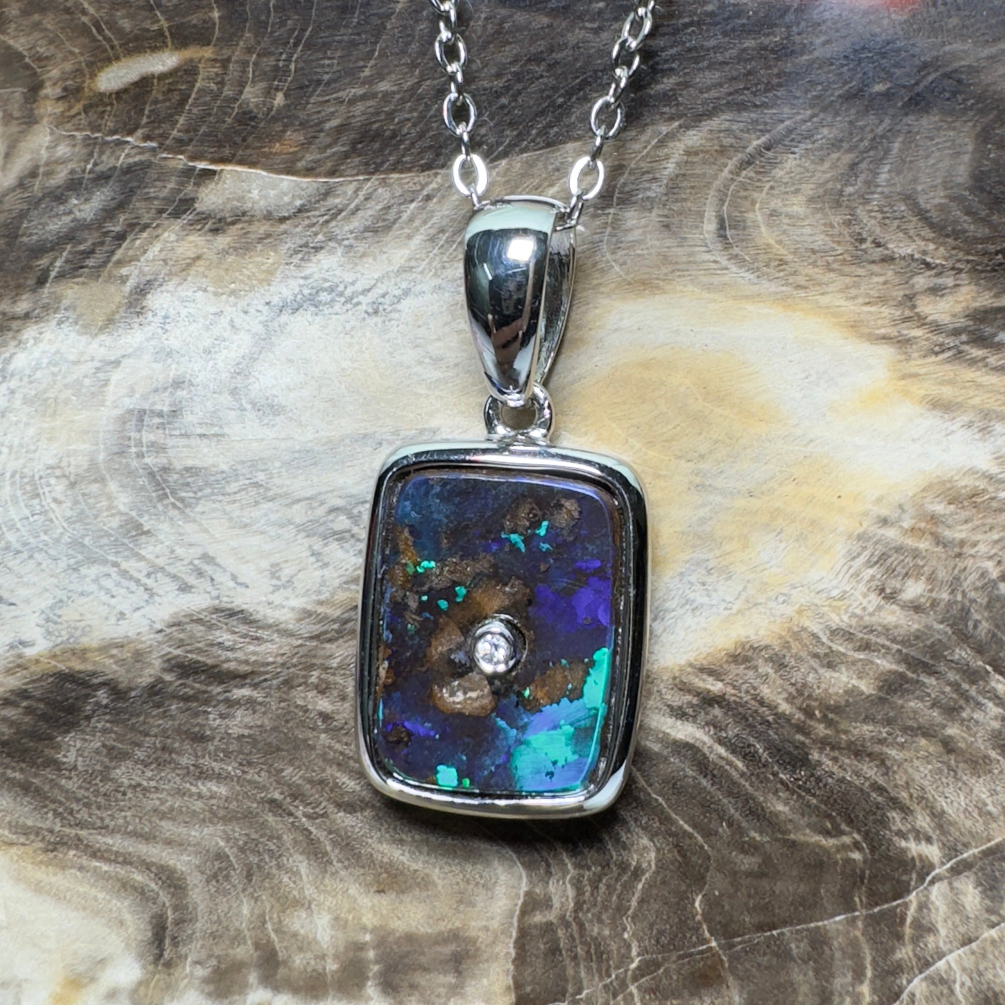 MacDonnell Spectrum ~ Queensland Boulder Opal 925 Sterling Silver Pendant Necklace