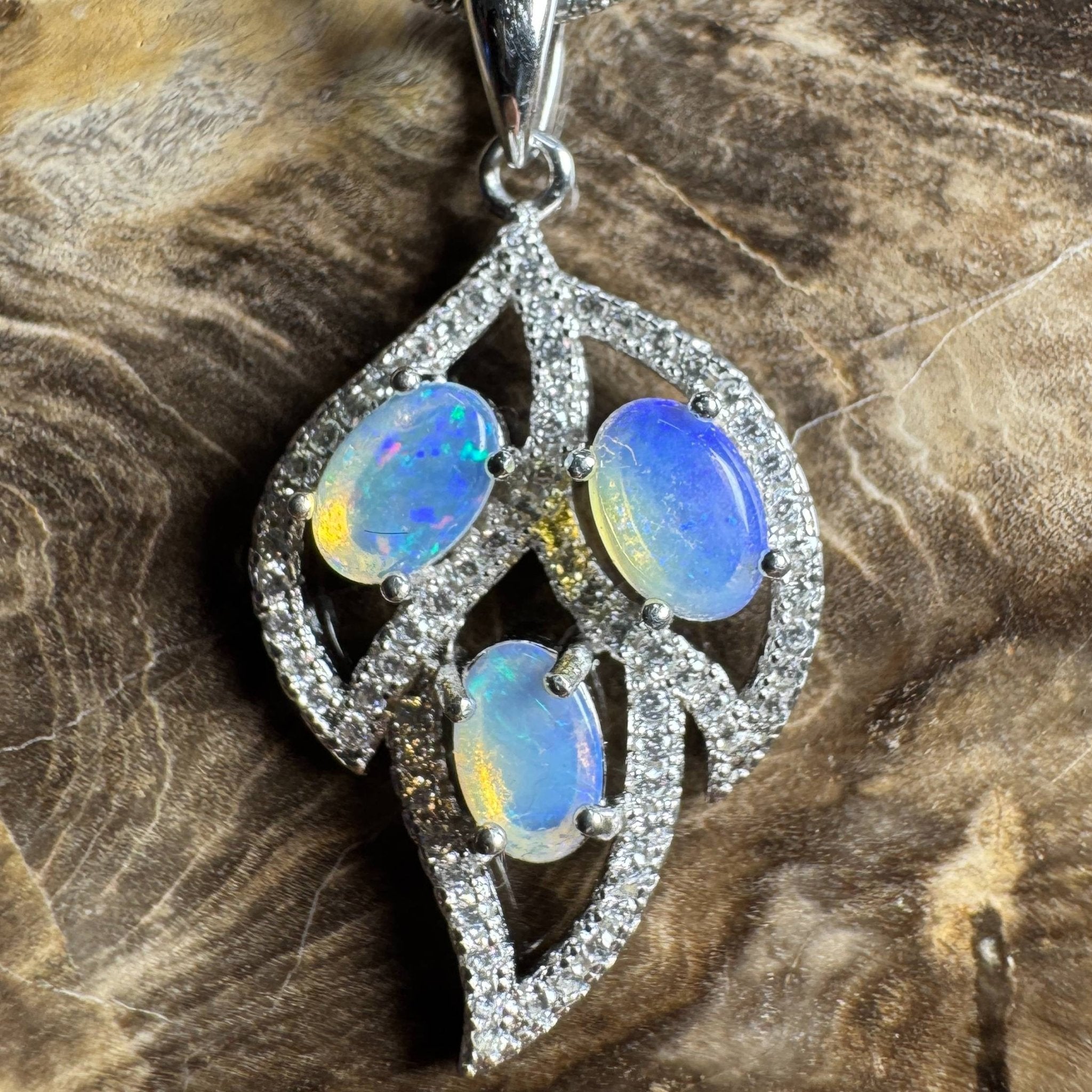 Margaret River Dawn ~ 1.2ct Solid Lightning Ridge Opal and Cubic Zirconia 925 Silver Pendant Necklace