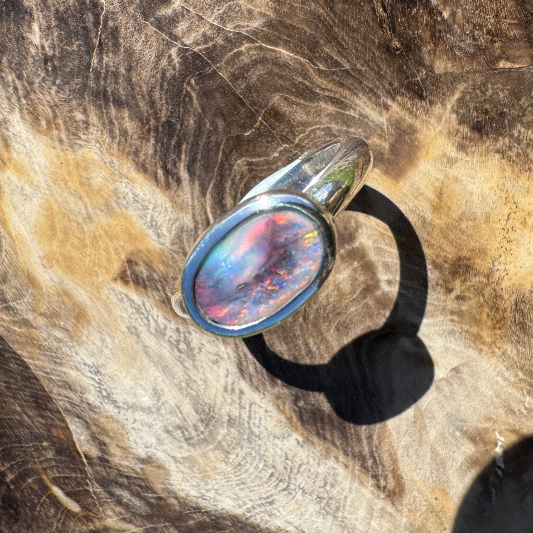 Midnight Ember ~ 0.8ct Solid Lightning Ridge Black Opal 925 Sterling Silver Ring