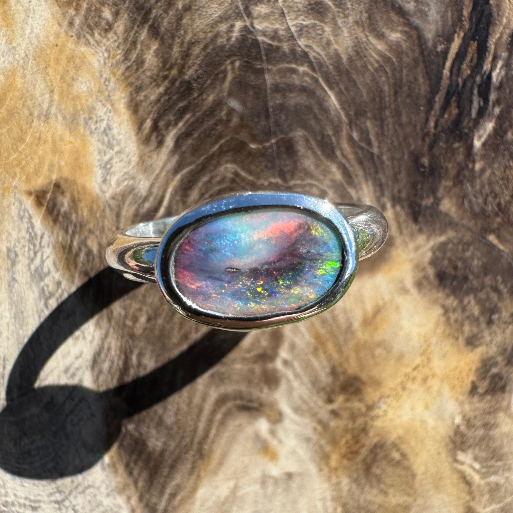 Midnight Ember ~ 0.8ct Solid Lightning Ridge Black Opal 925 Sterling Silver Ring