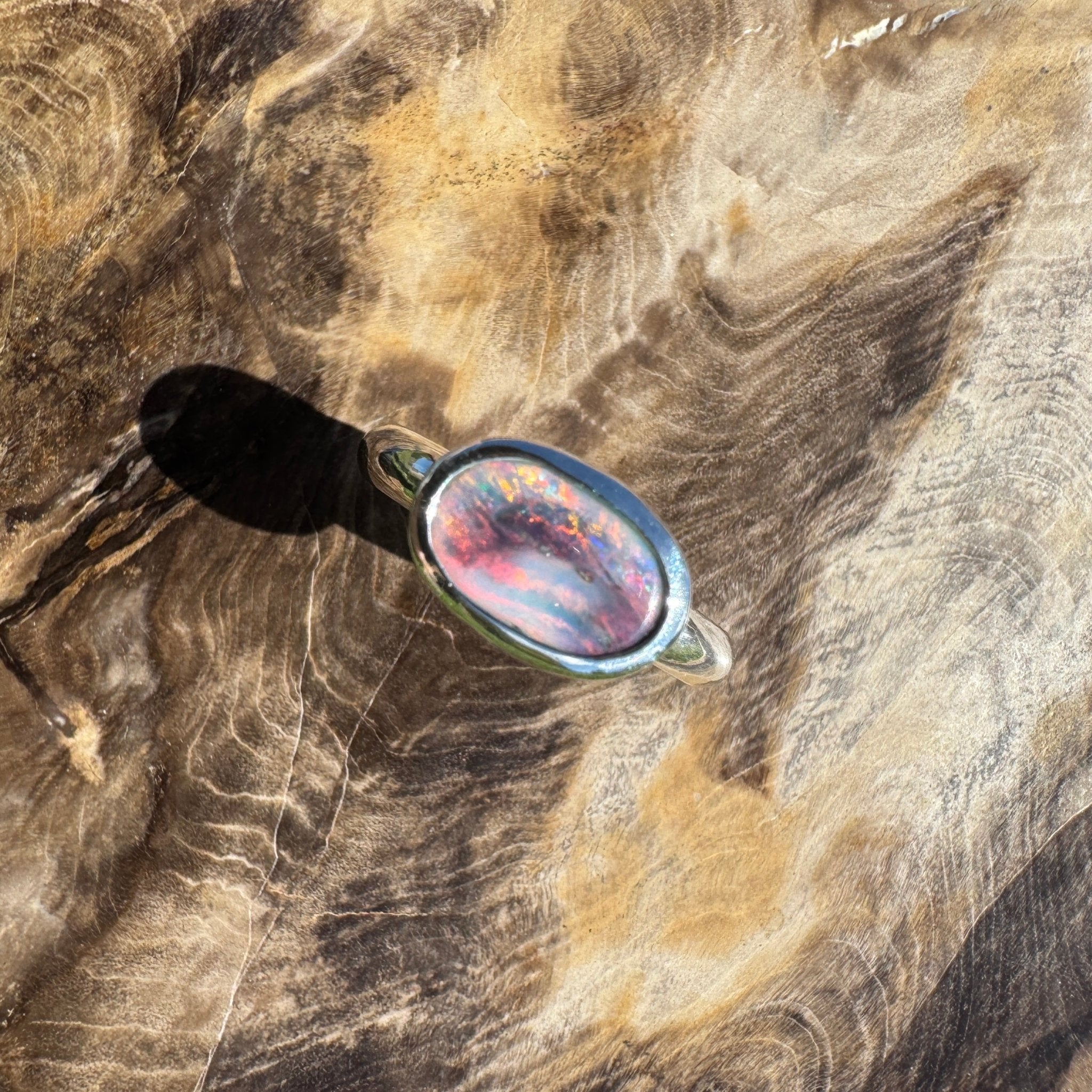 Midnight Ember ~ 0.8ct Solid Lightning Ridge Black Opal 925 Sterling Silver Ring