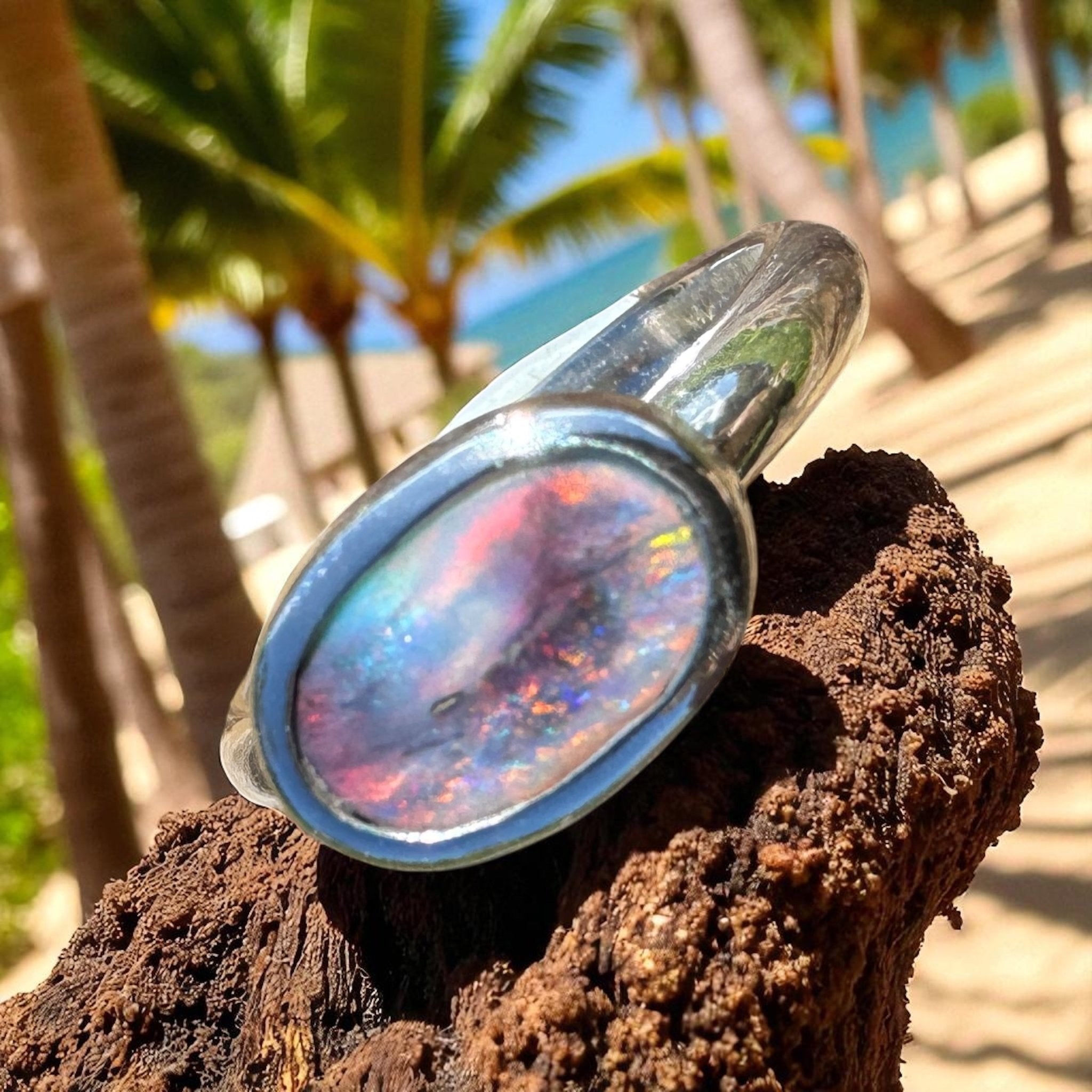 Midnight Ember ~ 0.8ct Solid Lightning Ridge Black Opal 925 Sterling Silver Ring