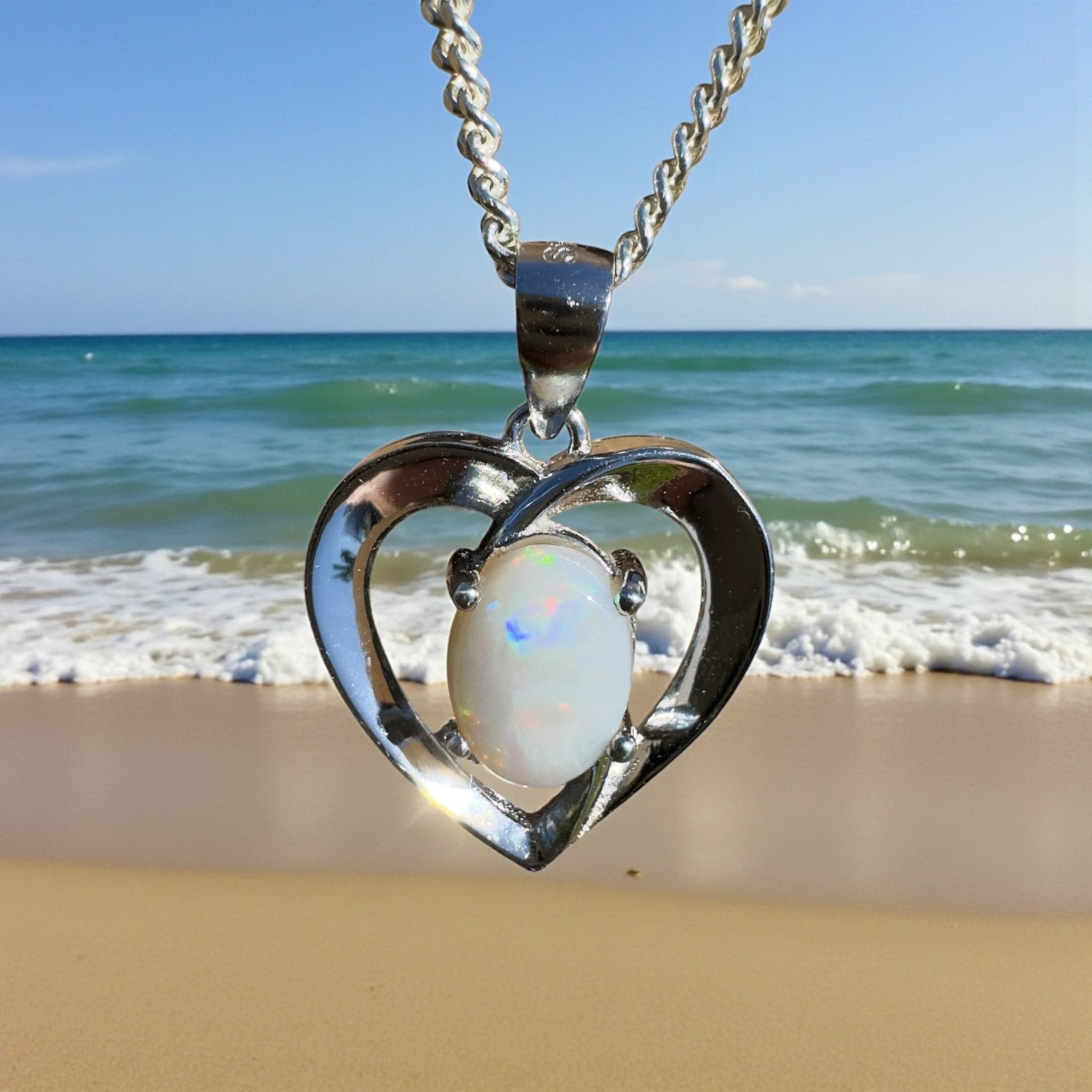 Moonie Crossing Love ~ 0.8ct Lightning Ridge Opal 925 Silver Heart Pendant