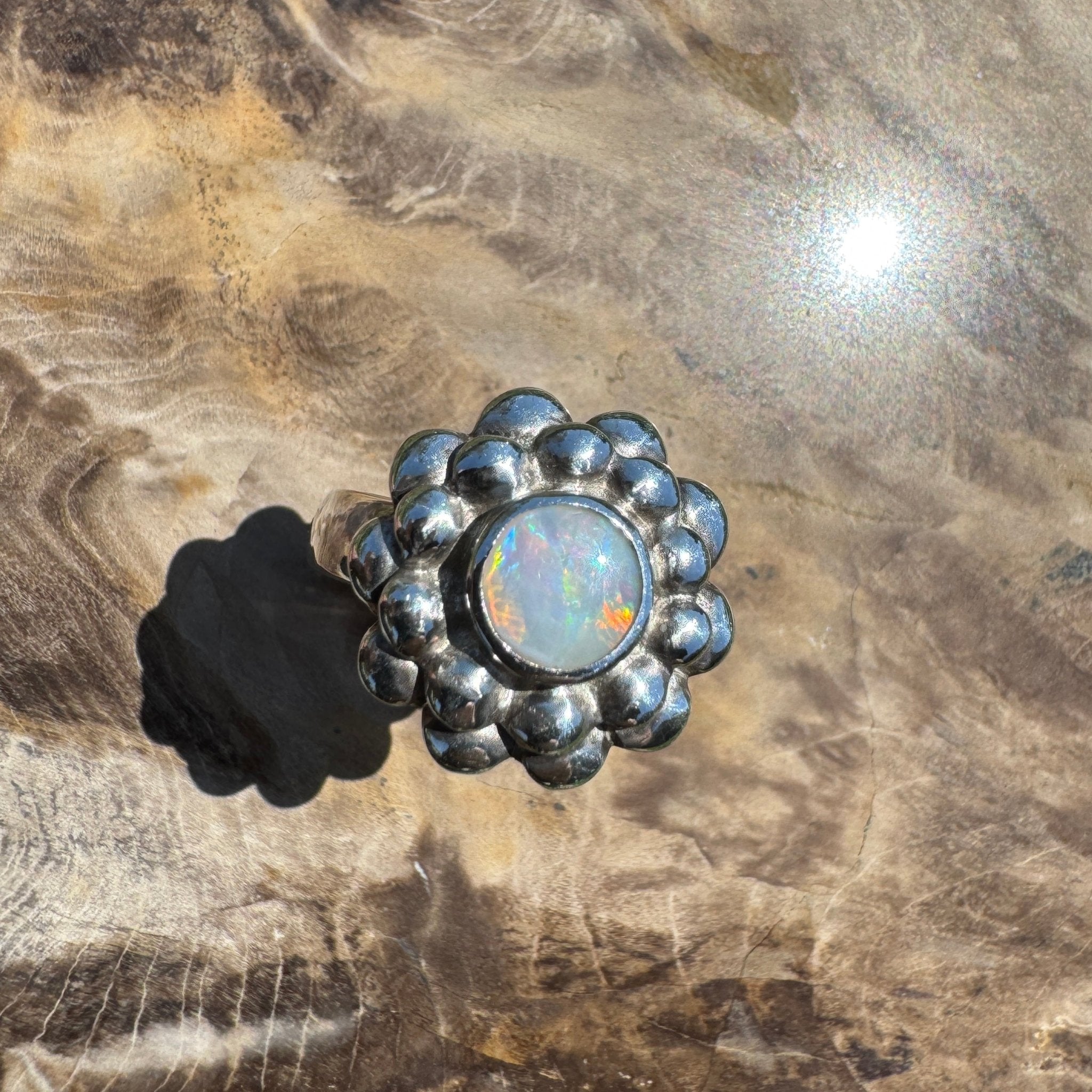 Moonlit Bloom ~ 0.60ct Lightning Ridge Solid Opal Ring – Sterling Silver Blossom.