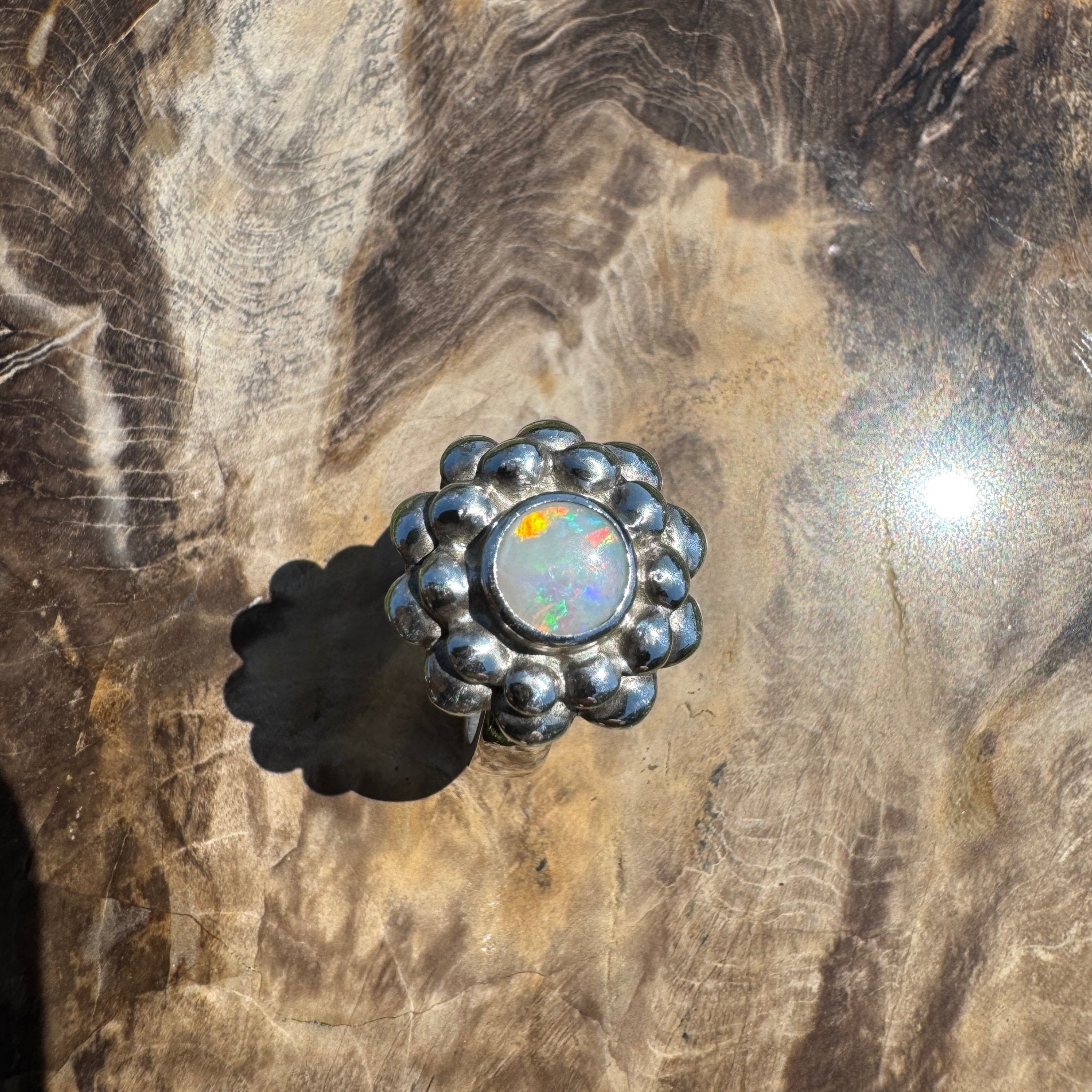 Moonlit Bloom ~ 0.60ct Lightning Ridge Solid Opal Ring – Sterling Silver Blossom.