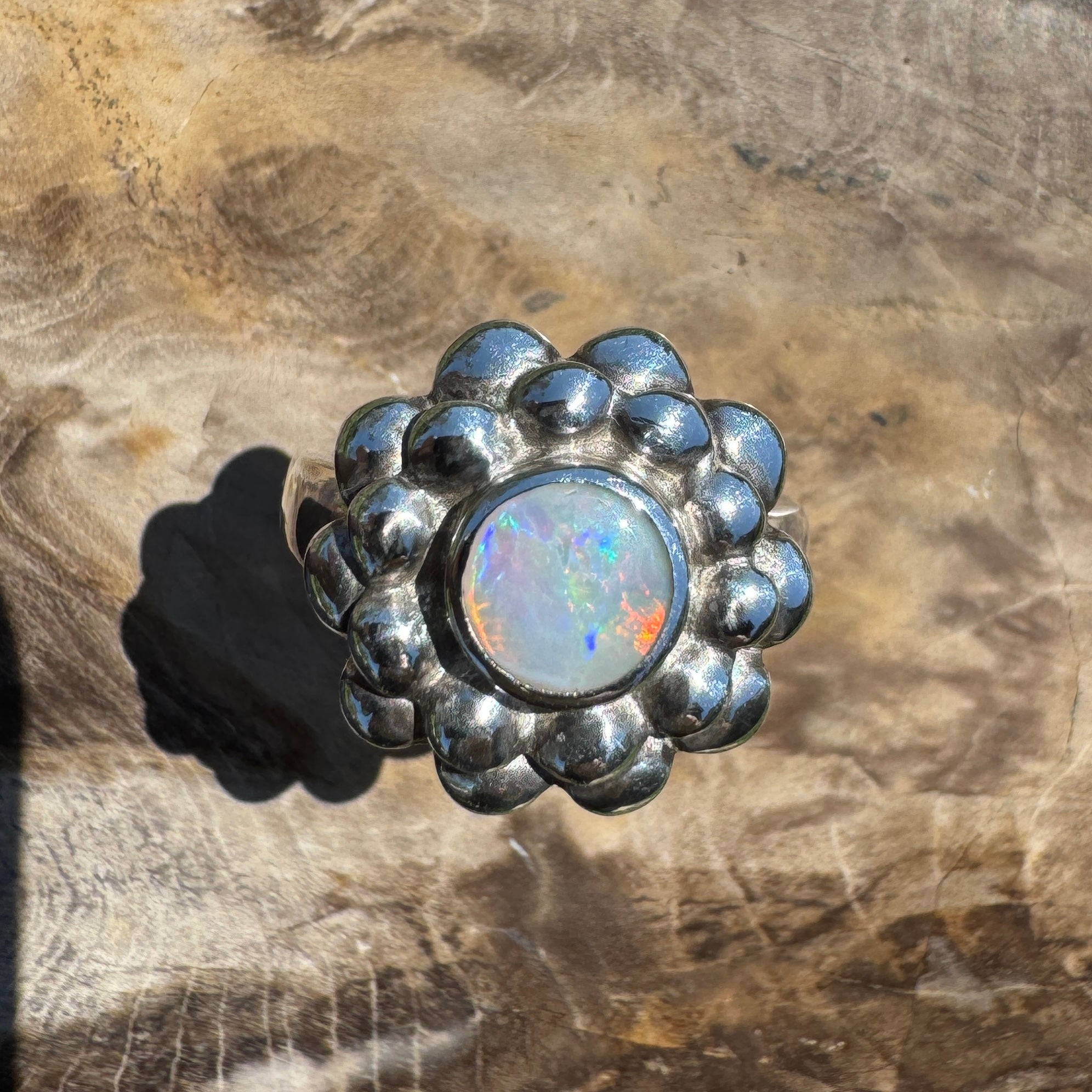 Moonlit Bloom ~ 0.60ct Lightning Ridge Solid Opal Ring – Sterling Silver Blossom.
