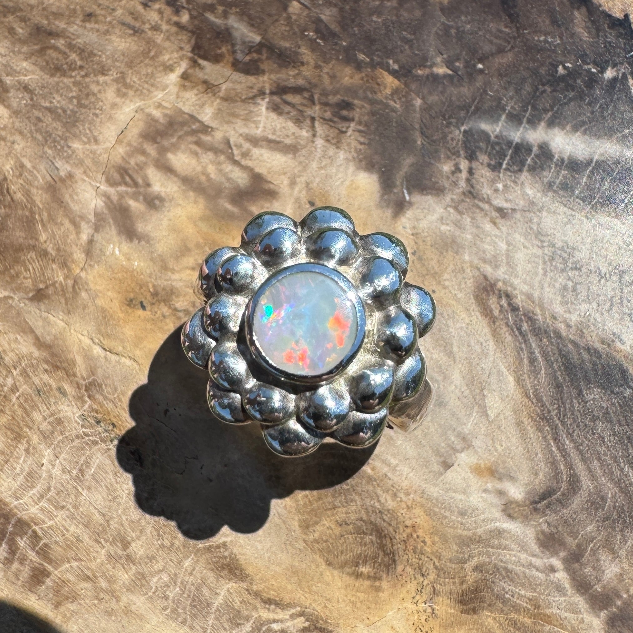 Moonlit Bloom ~ 0.60ct Lightning Ridge Solid Opal Ring – Sterling Silver Blossom.