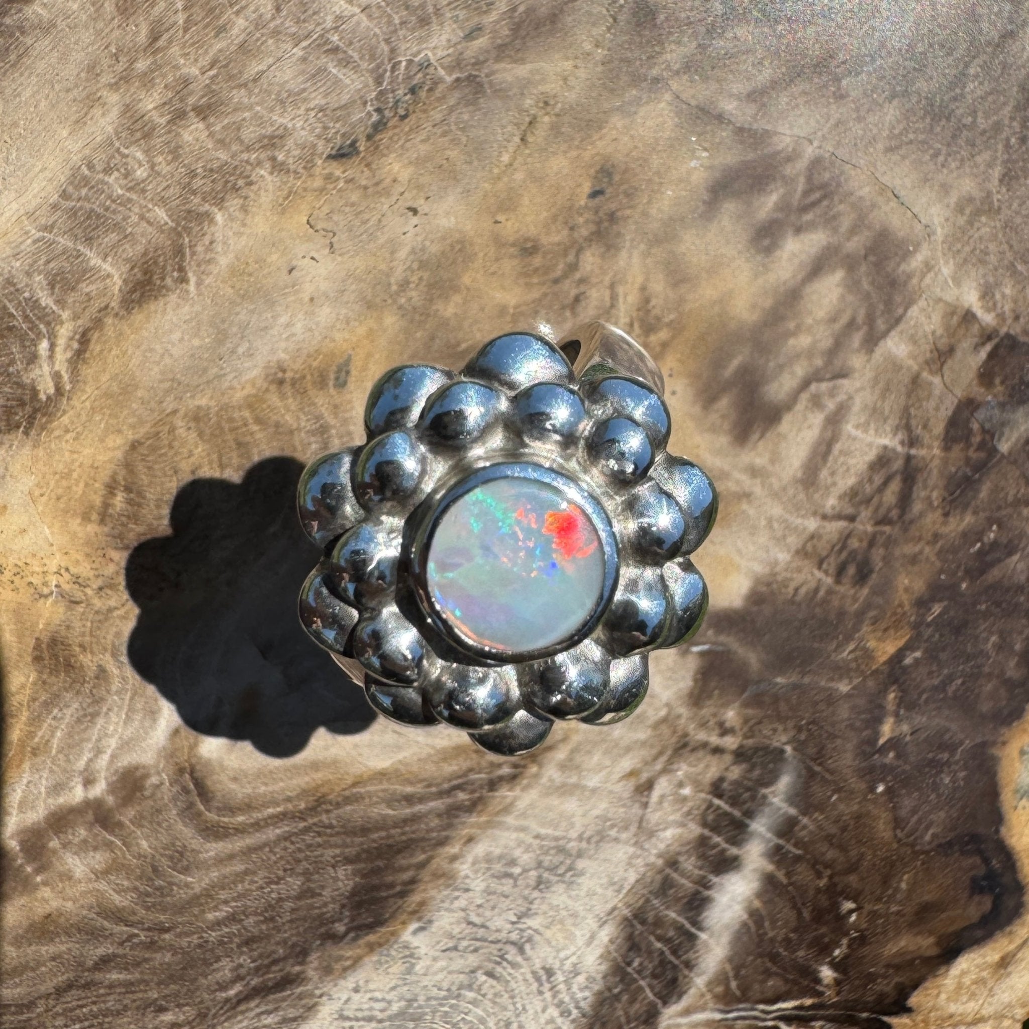Moonlit Bloom ~ 0.60ct Lightning Ridge Solid Opal Ring – Sterling Silver Blossom.