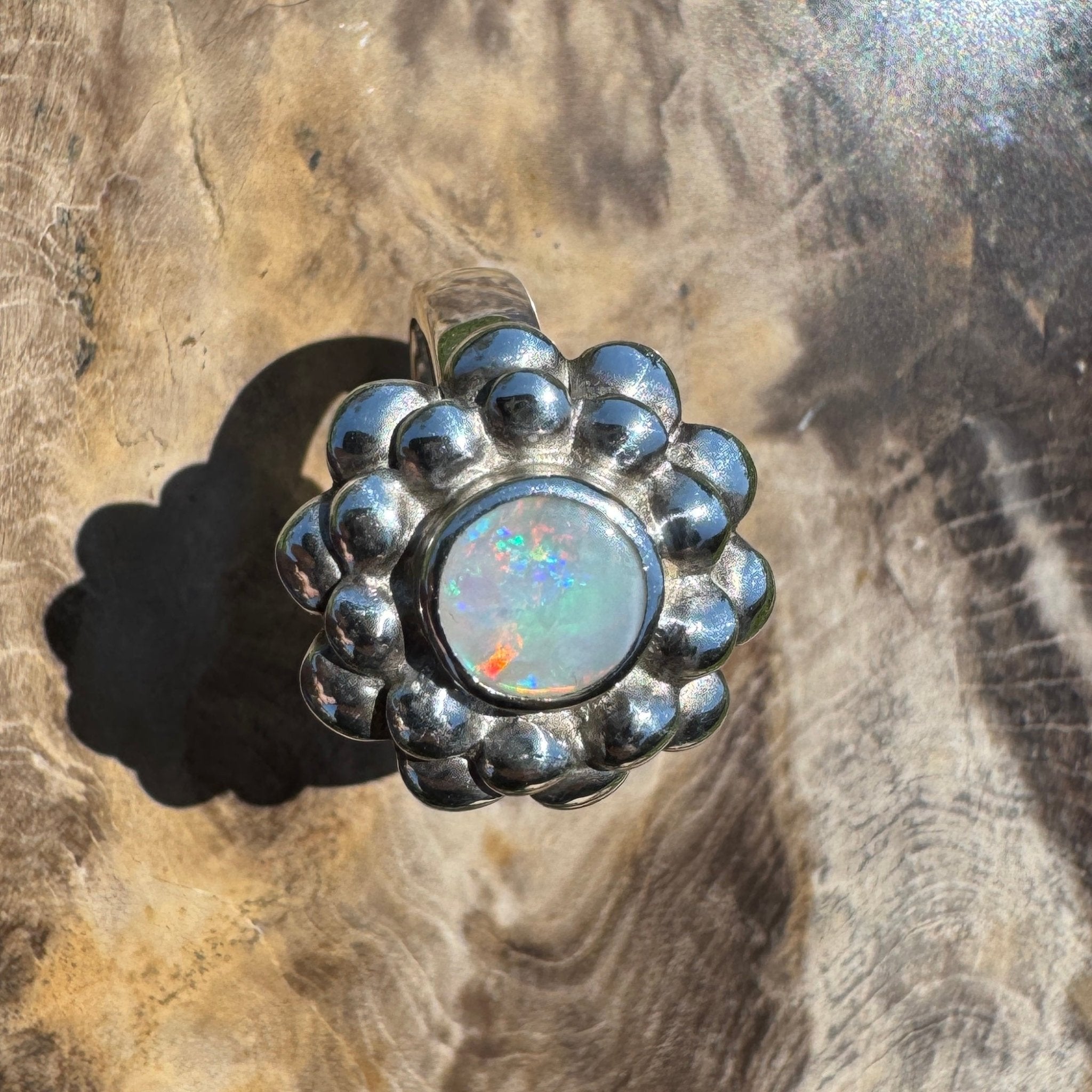 Moonlit Bloom ~ 0.60ct Lightning Ridge Solid Opal Ring – Sterling Silver Blossom.