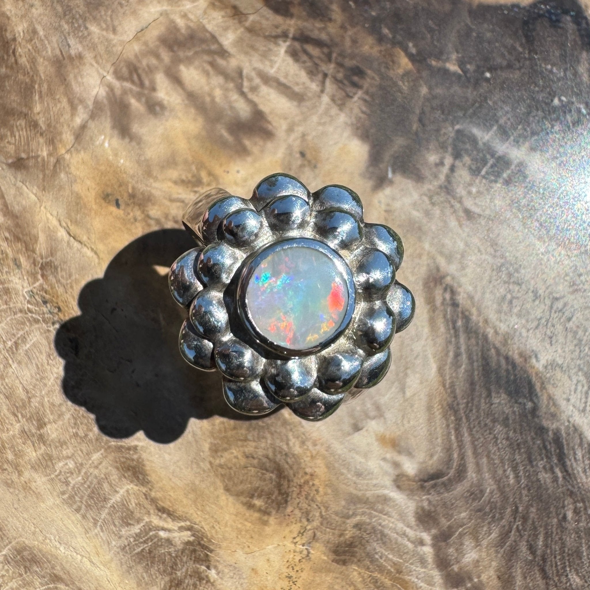 Moonlit Bloom ~ 0.60ct Lightning Ridge Solid Opal Ring – Sterling Silver Blossom.