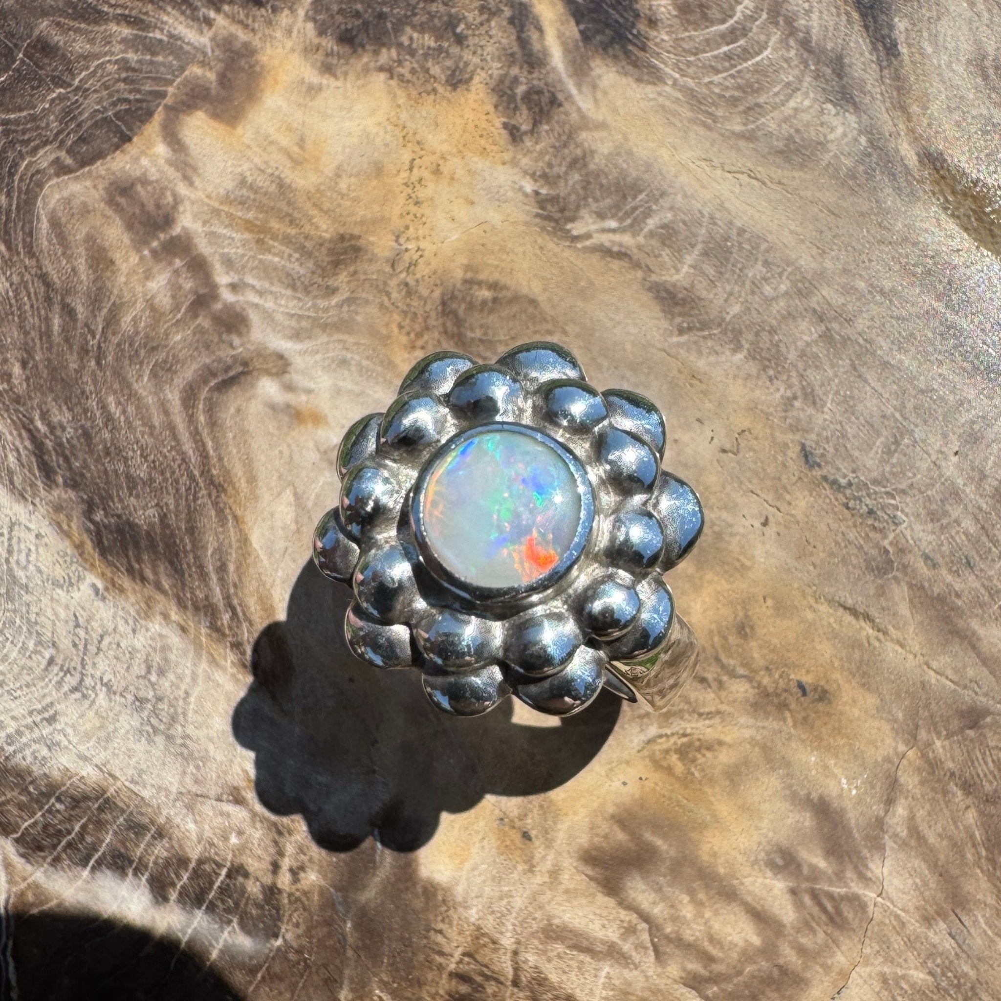Moonlit Bloom ~ 0.60ct Lightning Ridge Solid Opal Ring – Sterling Silver Blossom.