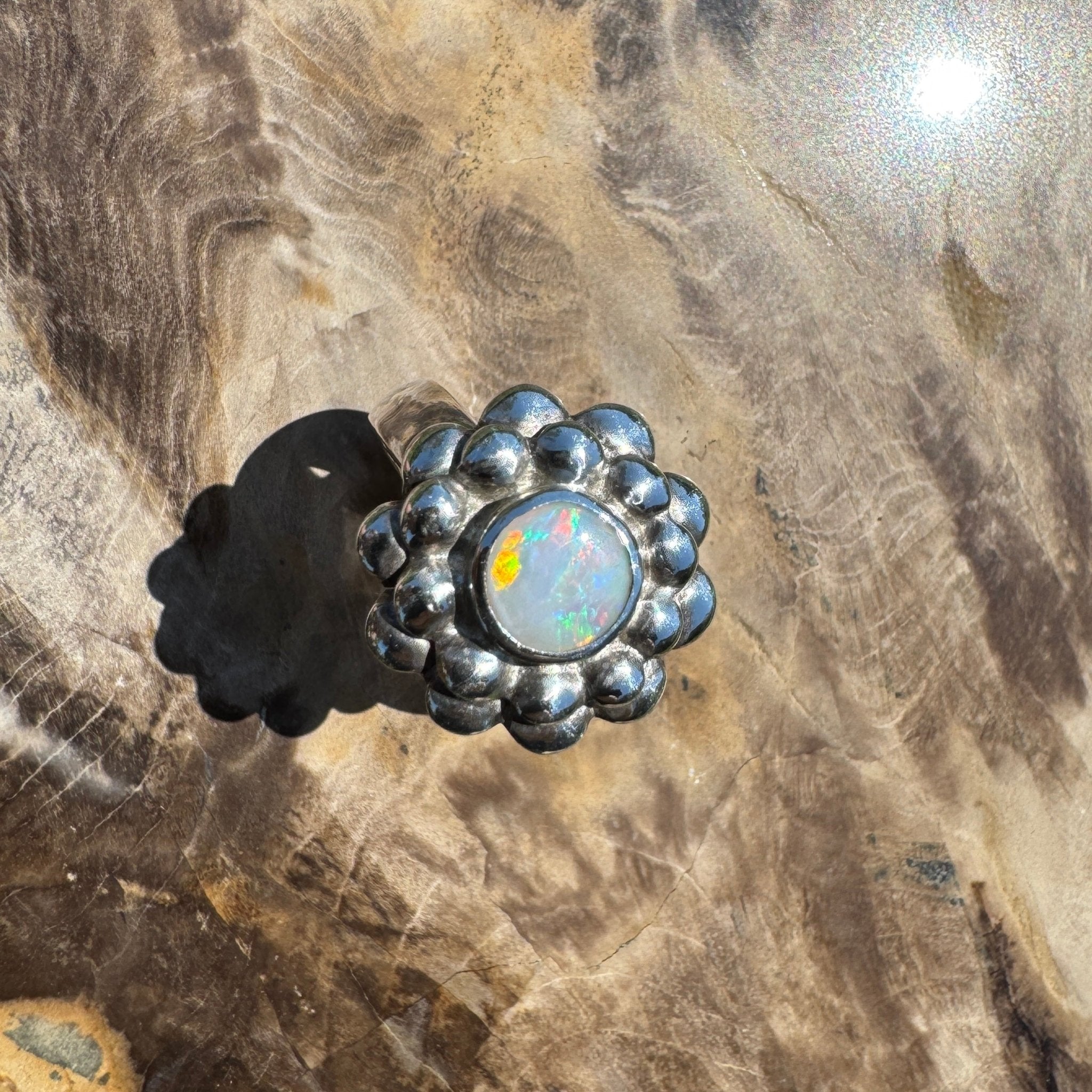 Moonlit Bloom ~ 0.60ct Lightning Ridge Solid Opal Ring – Sterling Silver Blossom.